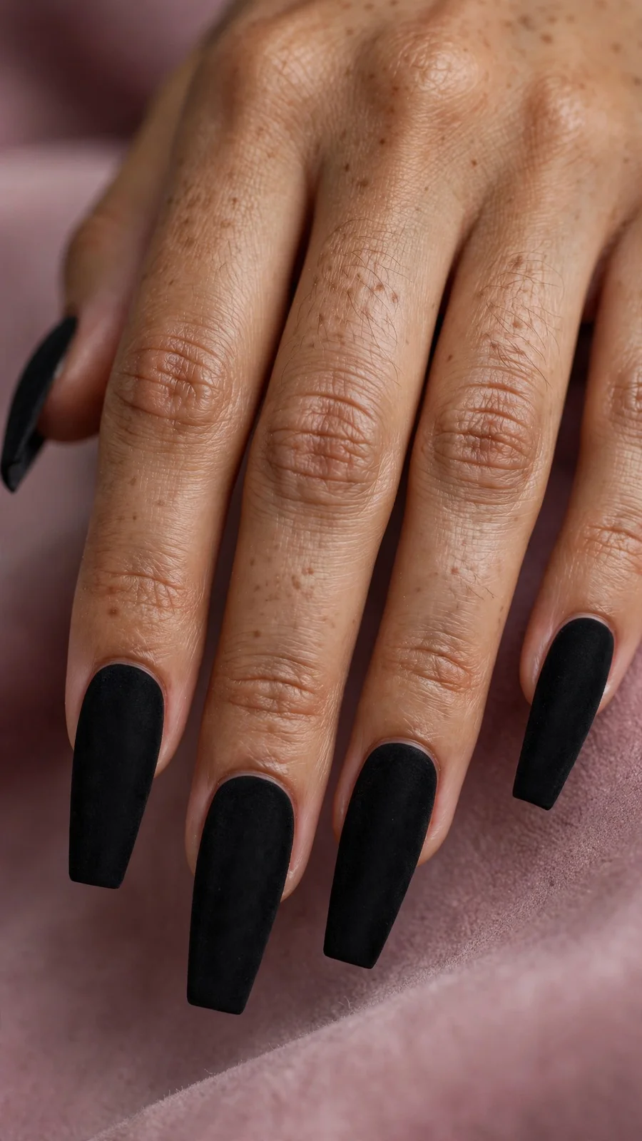 Matte black coffin nails with velvety finish