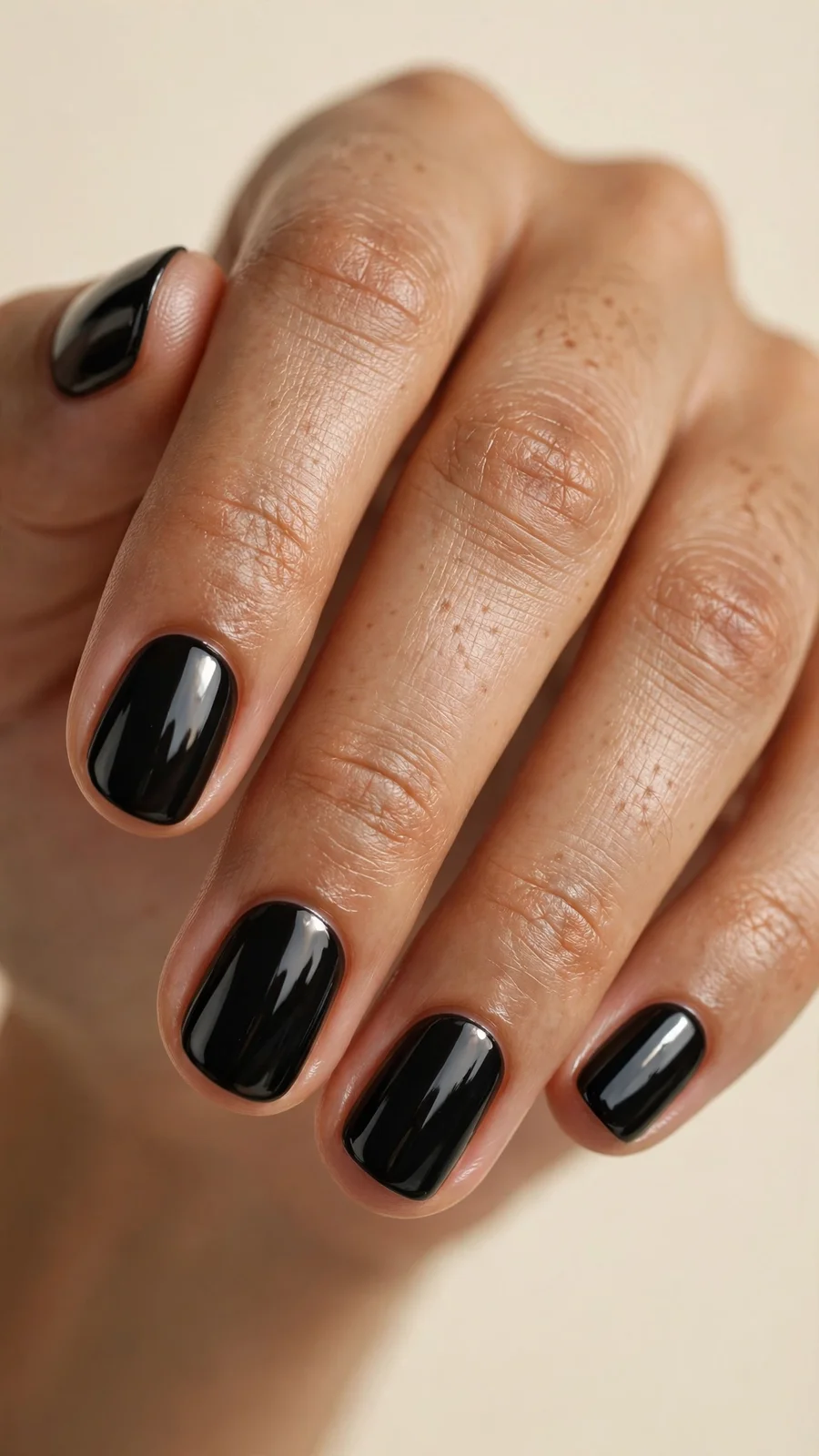 Glossy black nails on short round nails