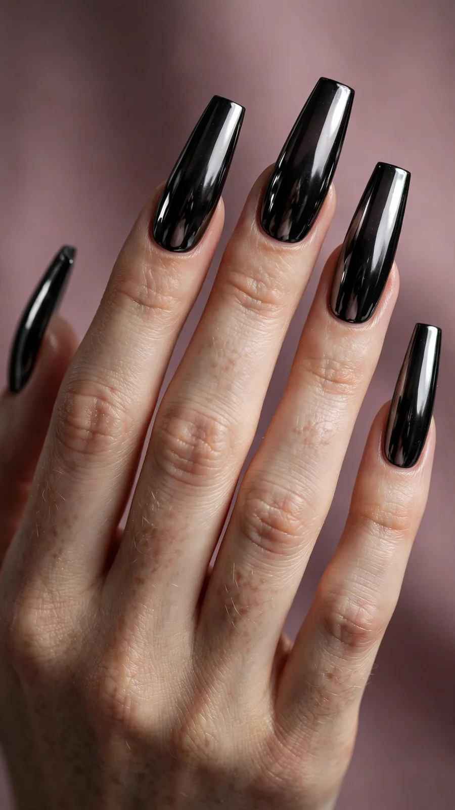 Black chrome coffin nails with mirror finish