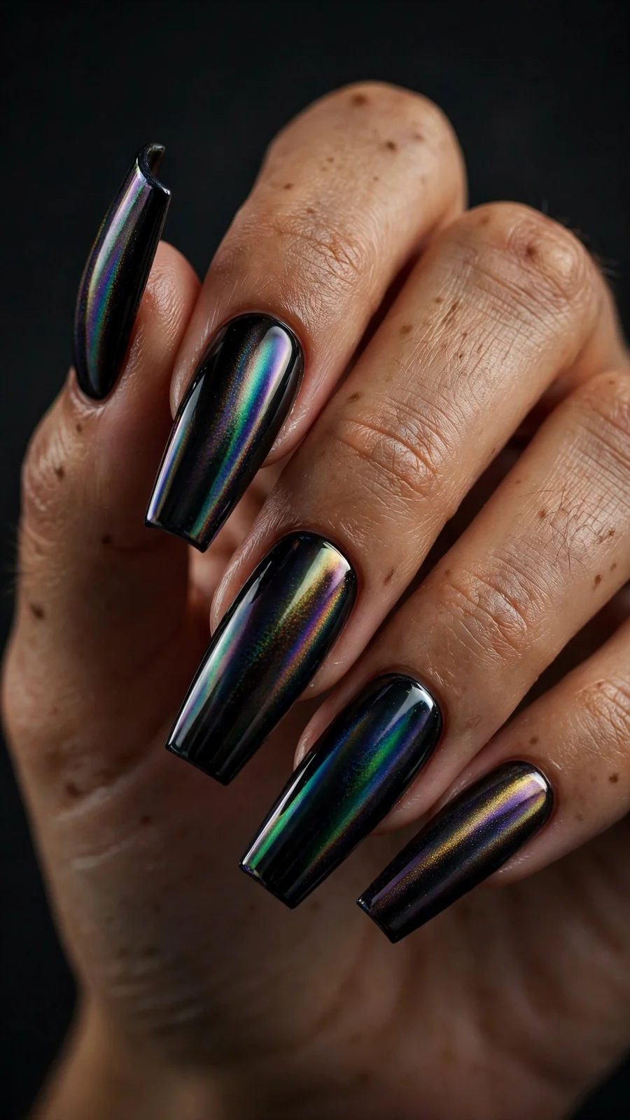 Oil-slick black chrome nails with rainbow shimmer