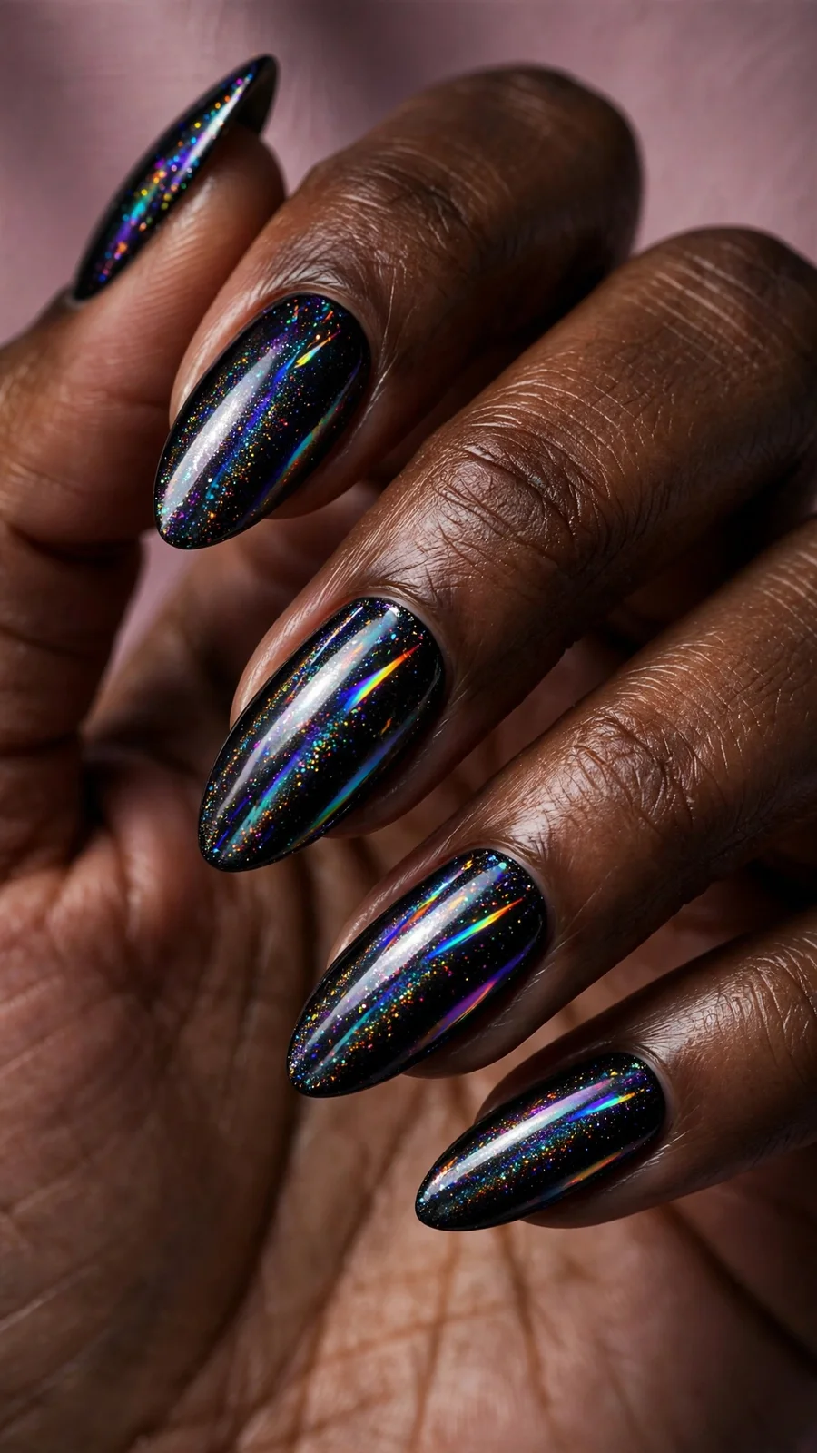Black holographic chrome nails