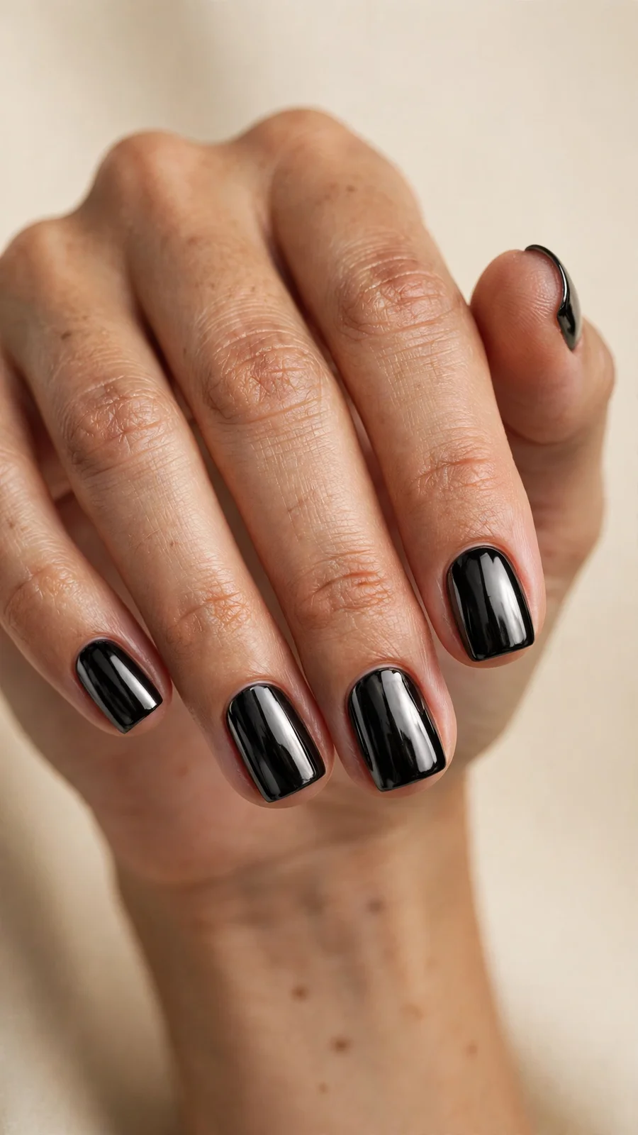 Black chrome nails on short square nails
