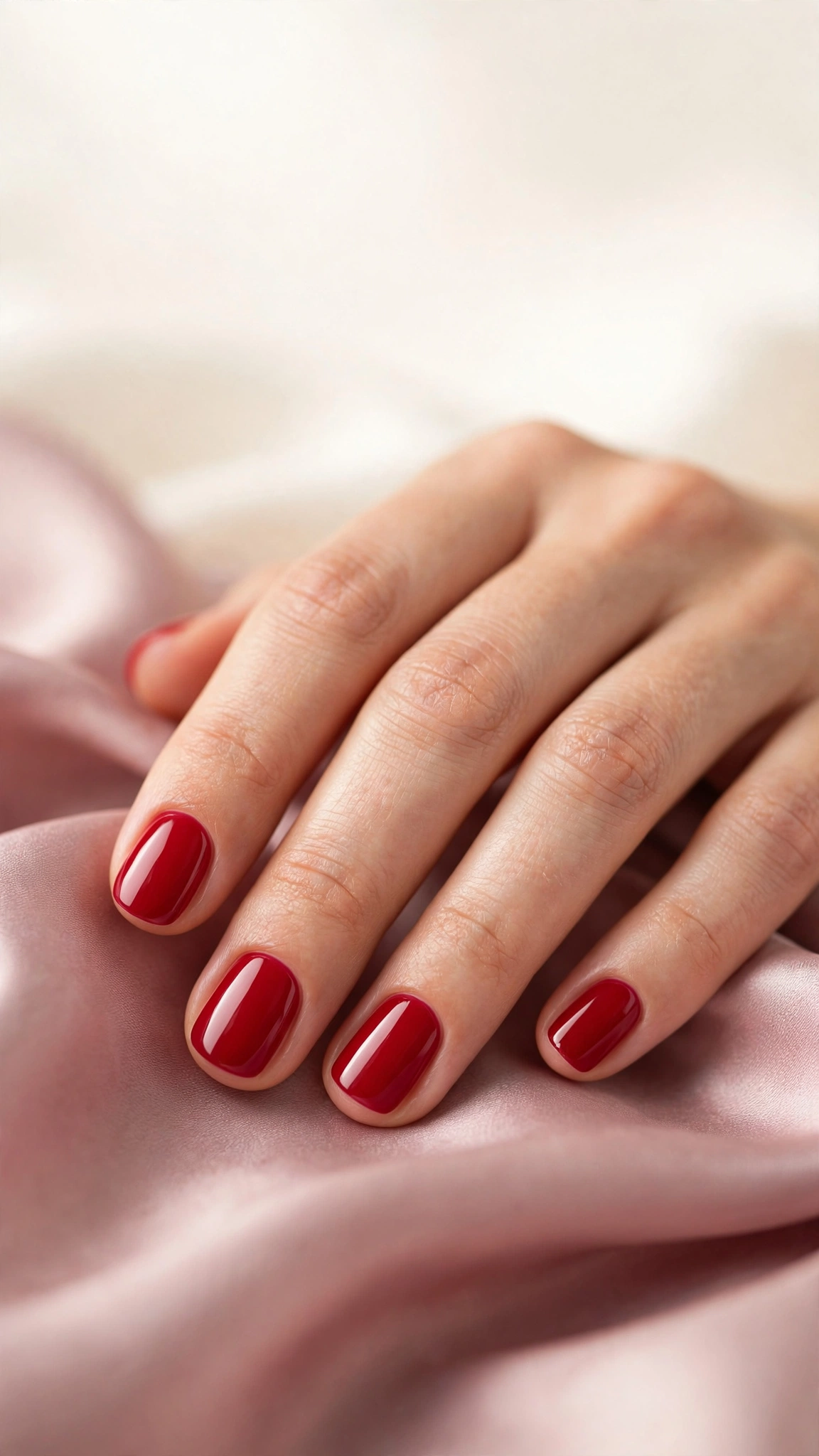 Classic cherry red glossy manicure on short rounded nails