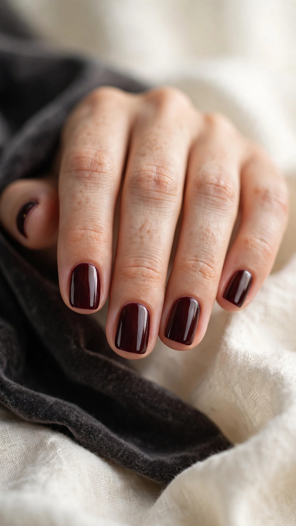 Deep burgundy creme polish on short squoval nails