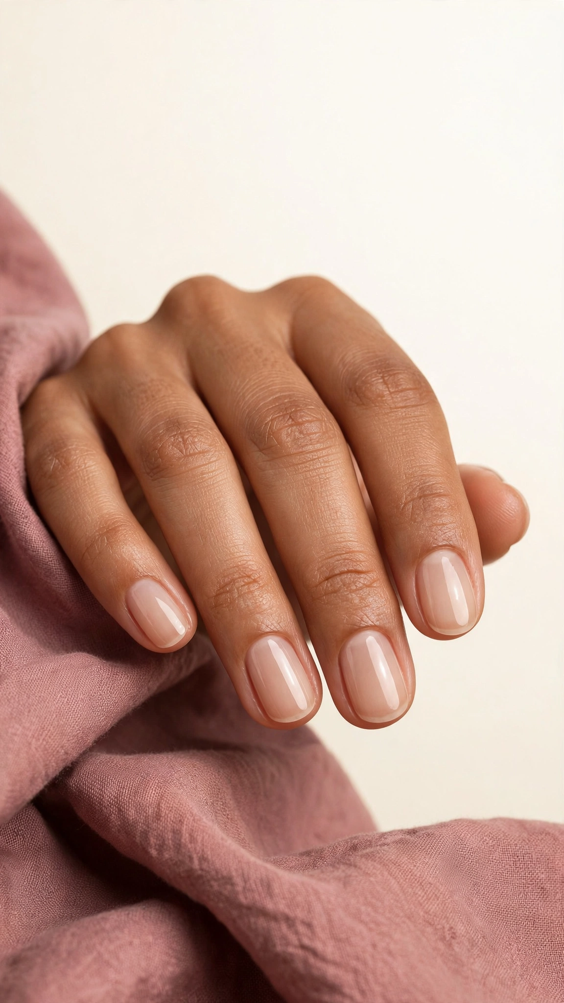 Sheer nude polish on short oval nails, natural glossy finish