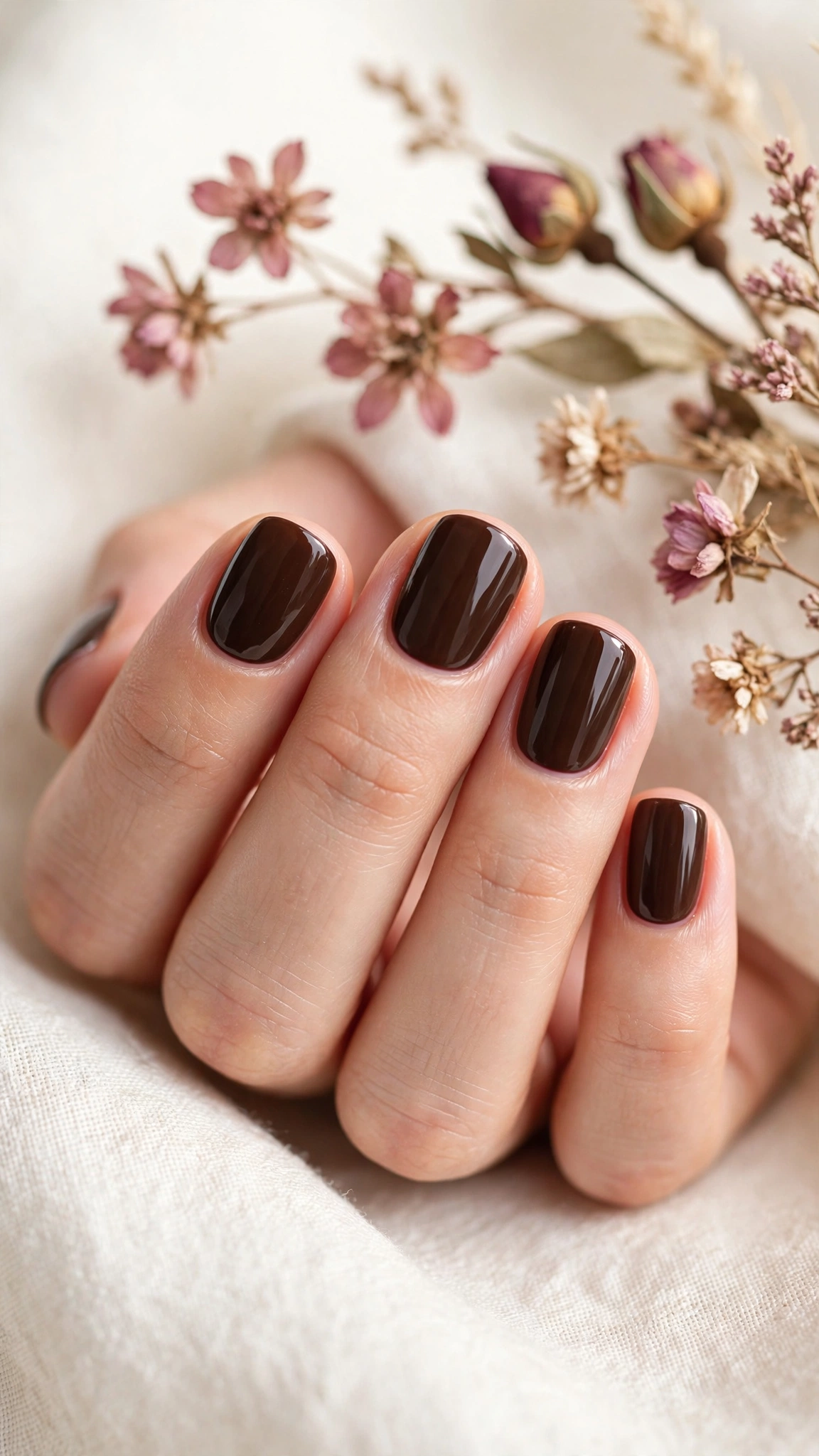 Rich espresso brown glossy manicure on short nails
