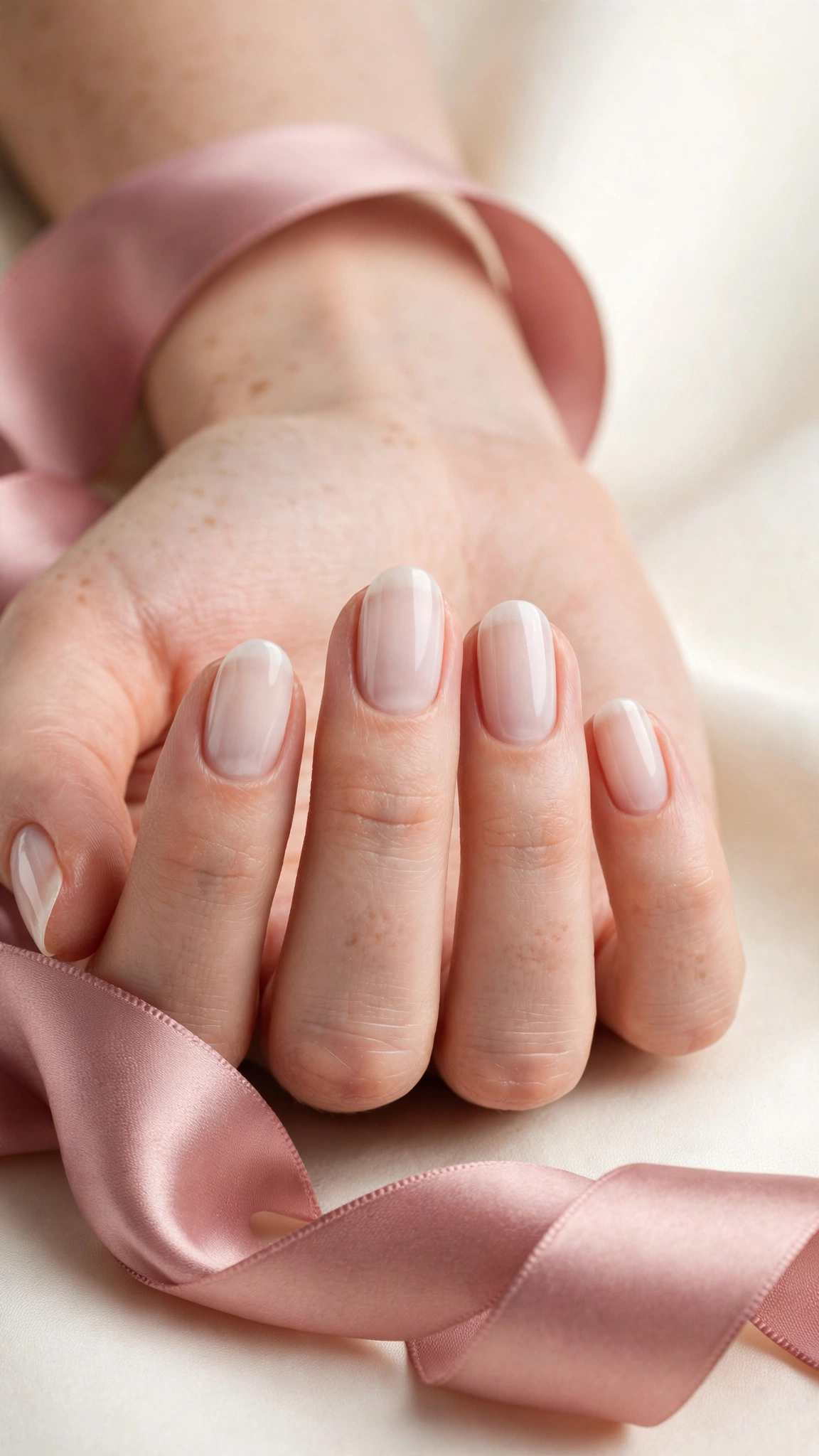Milky sheer white translucent wash on short almond nails