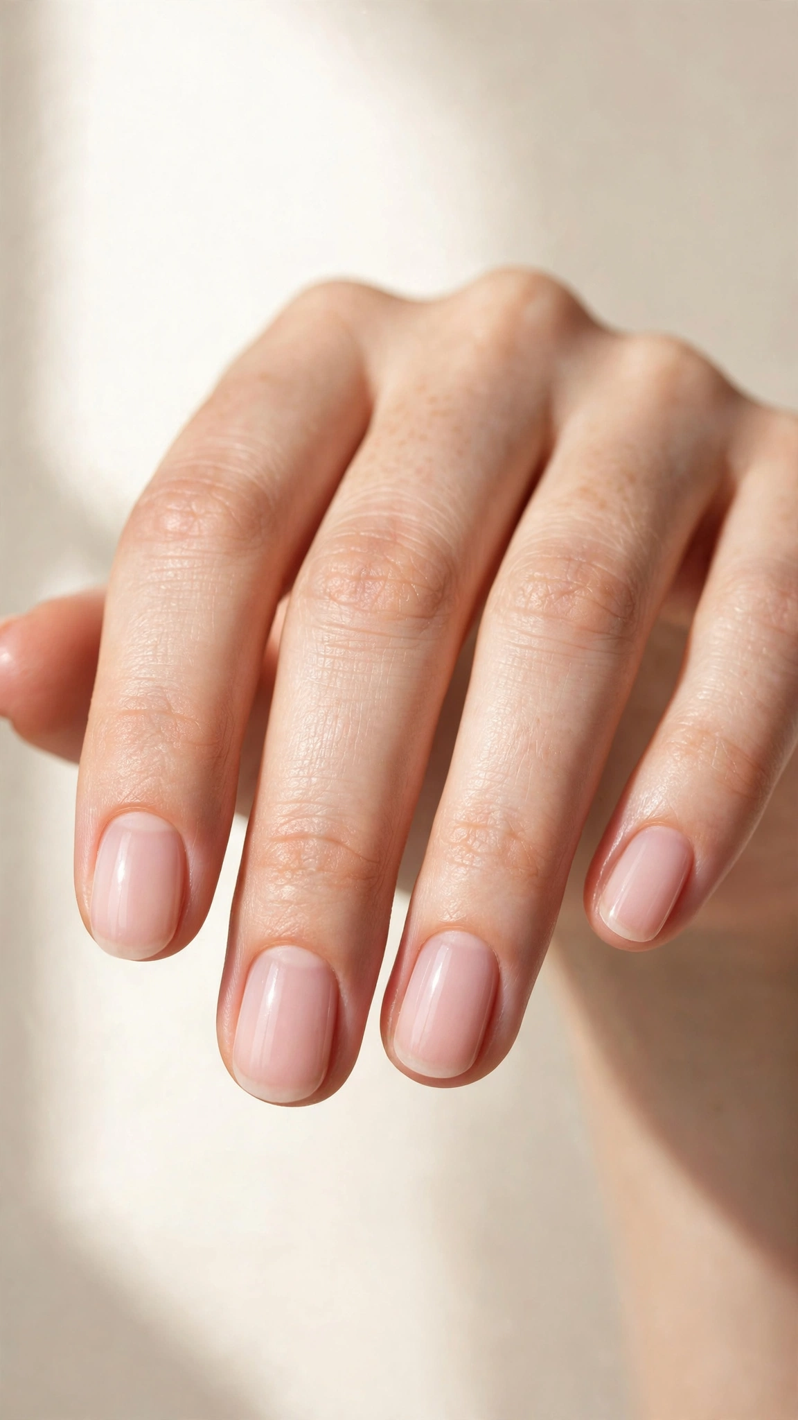 Sheer ballet slipper pink polish on short oval nails