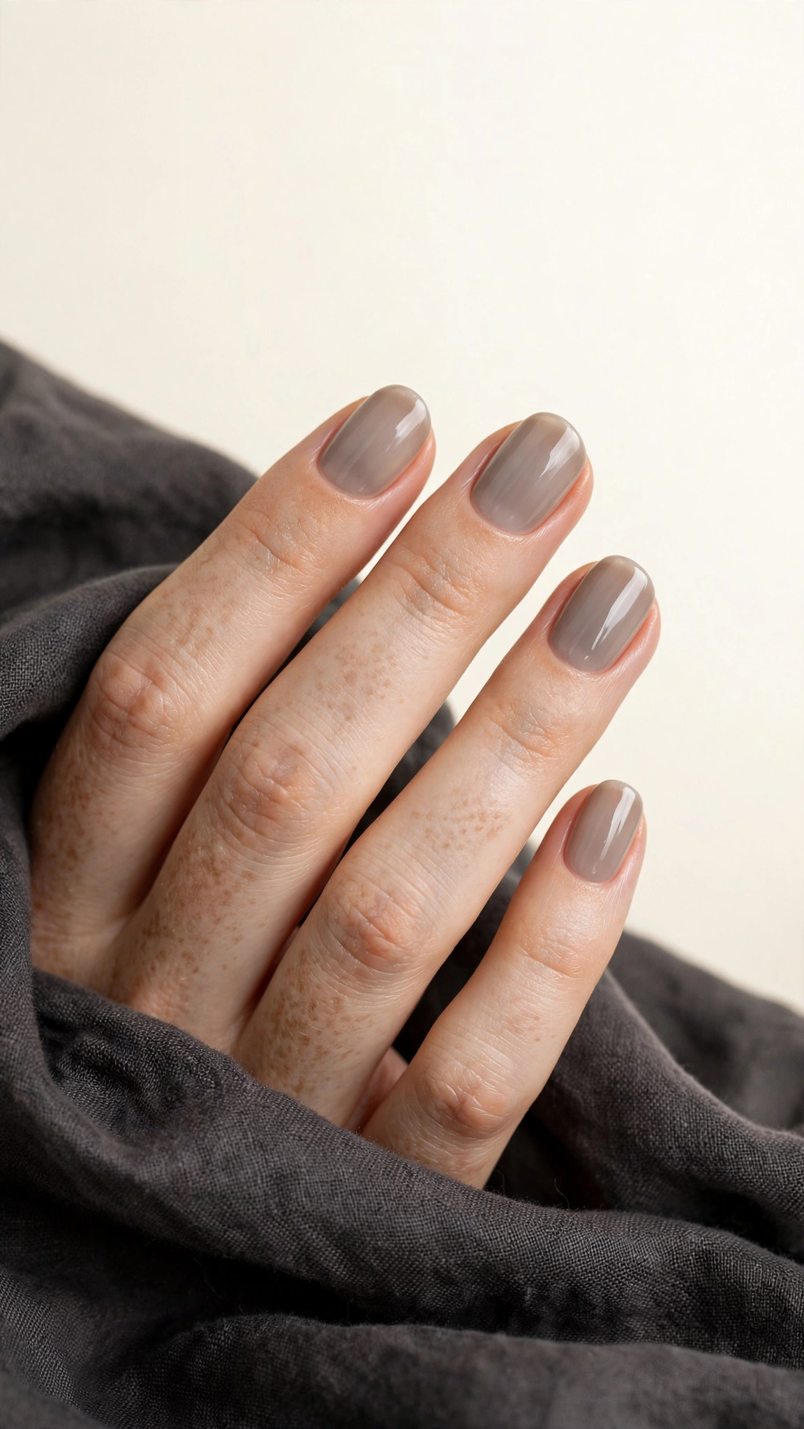 Translucent greige sheer polish on short oval nails