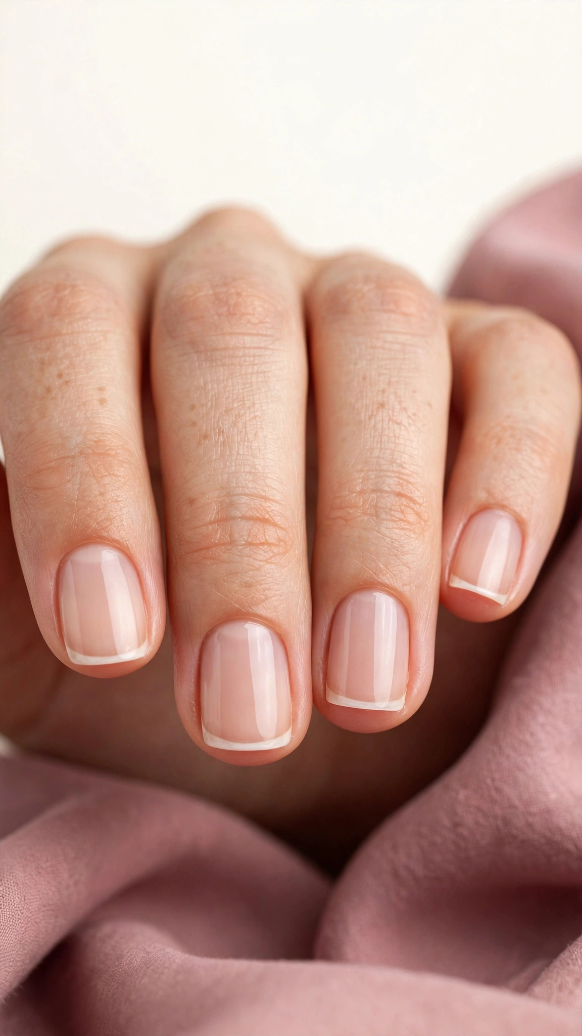 Micro-French manicure with hairline white tips on short nails