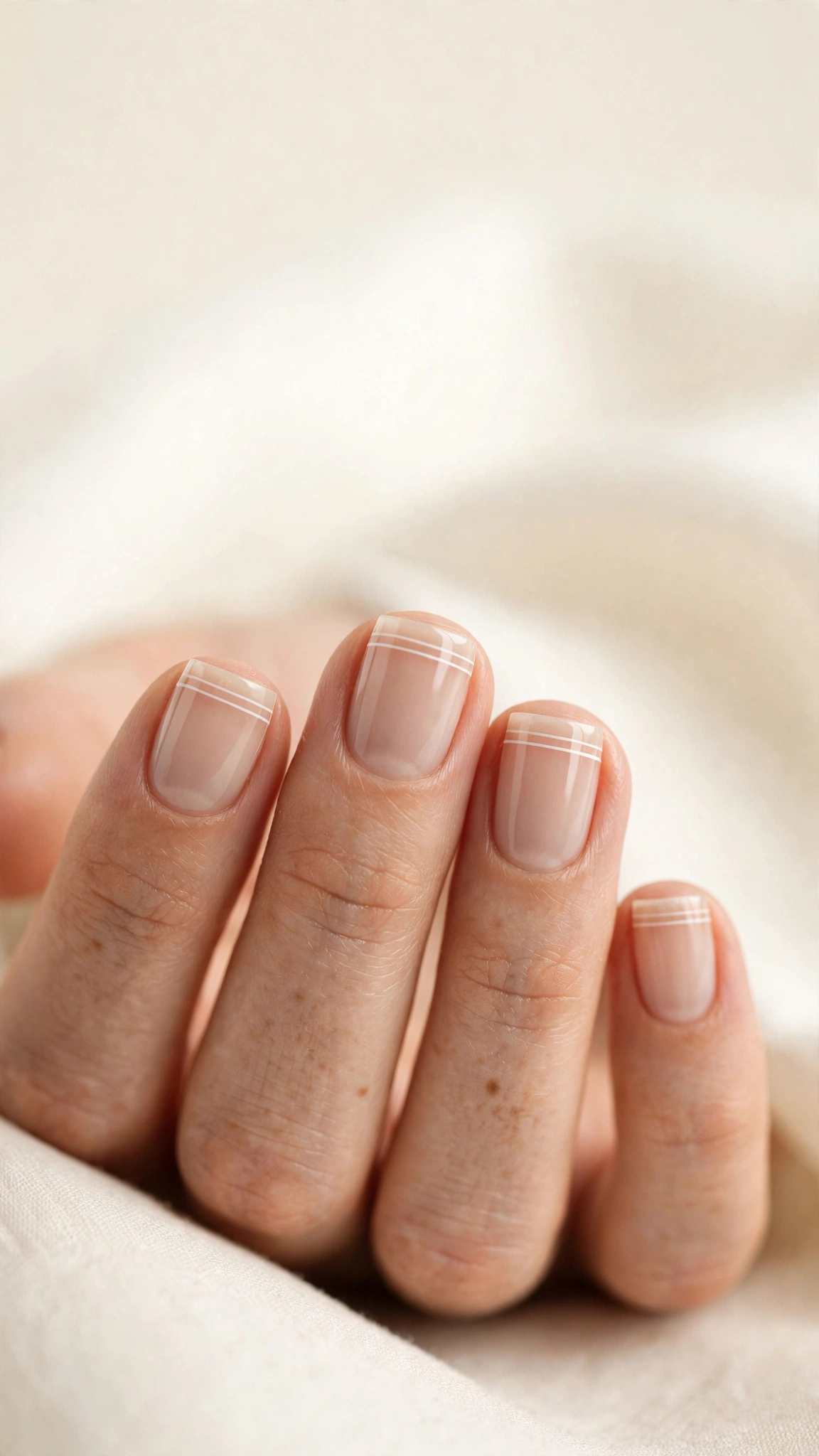 Double micro-French with two thin white tip lines on short nails
