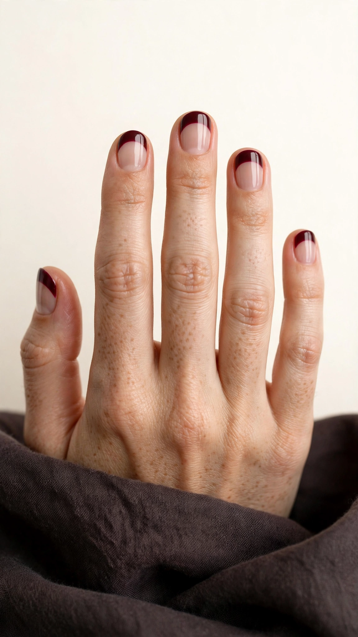 Reverse French burgundy half-moon nail art on sheer nude base