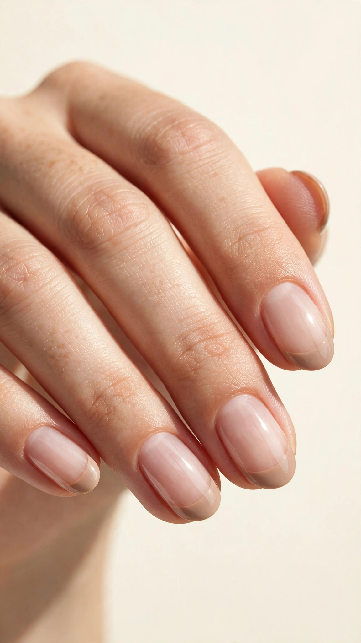 Tonal nude-tip French manicure on short oval nails