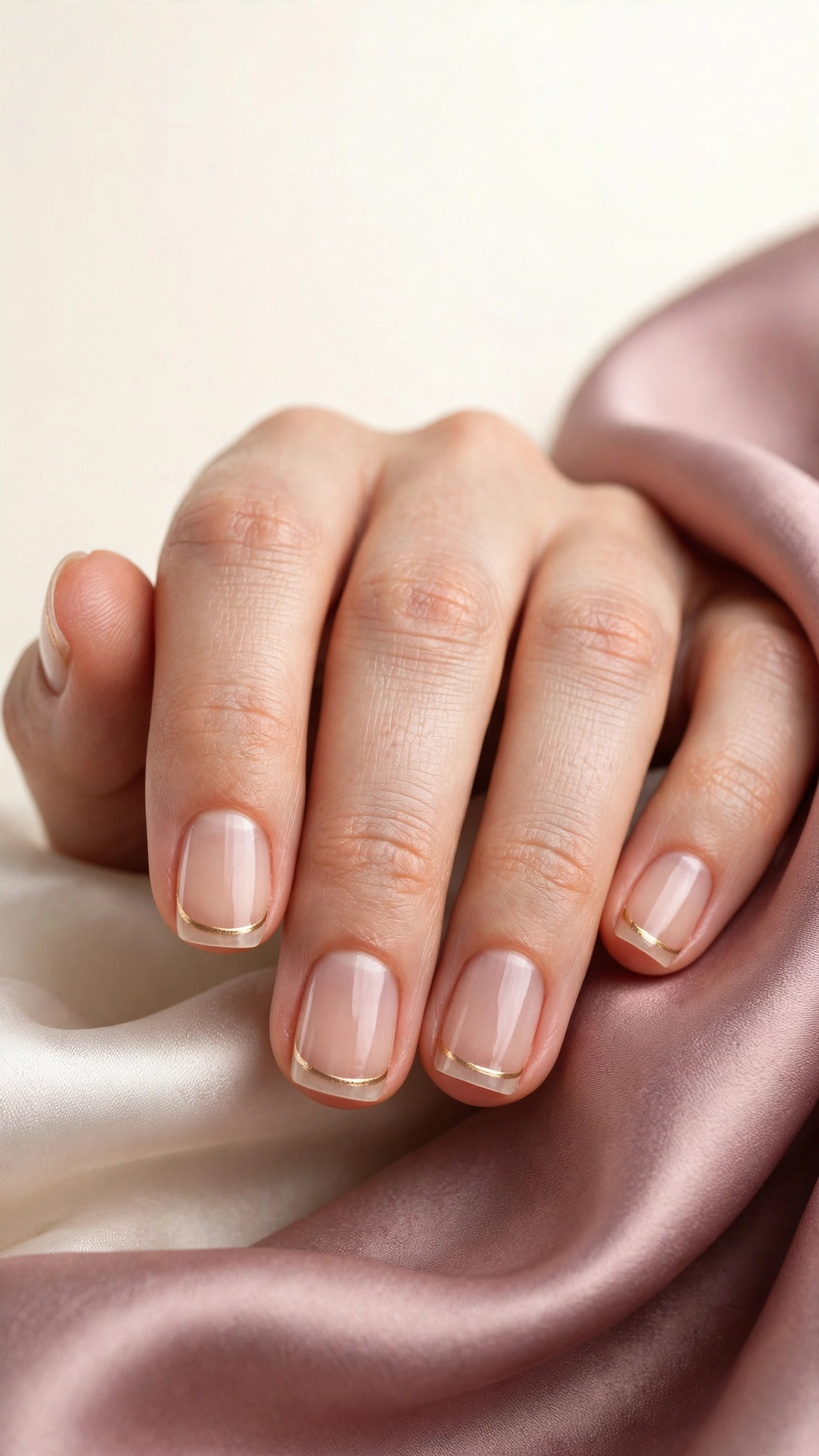 Micro-French with thin metallic gold line on short nails