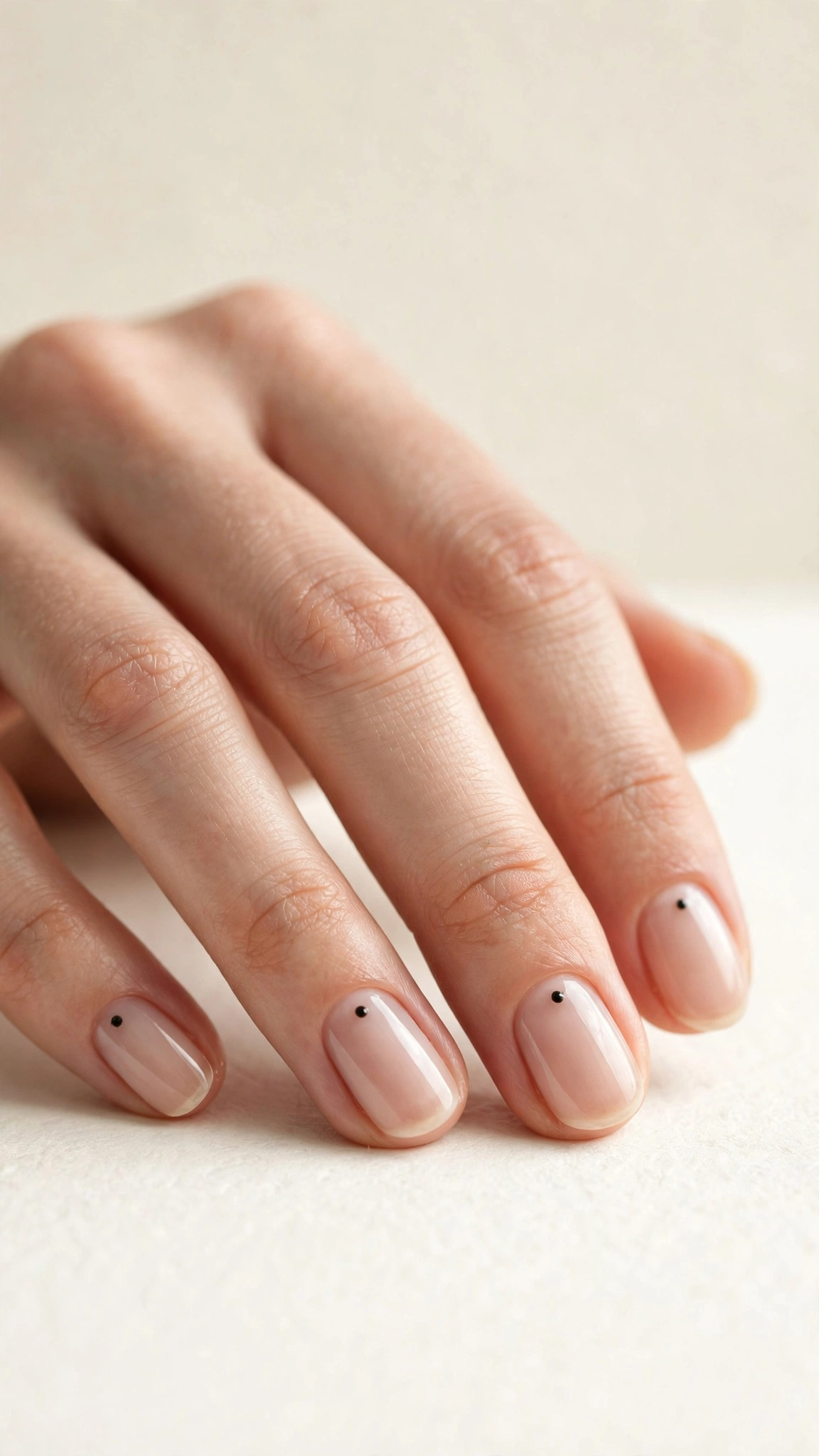 Minimalist single black dot nail art on sheer nude nails