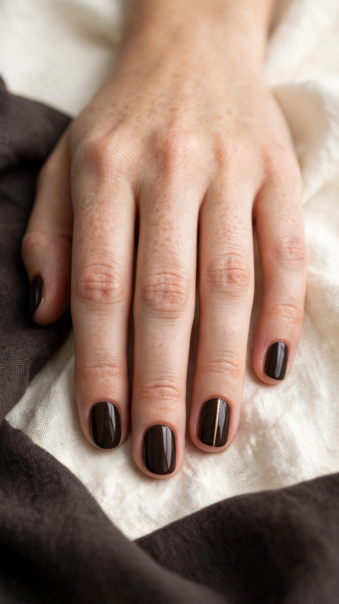 Vertical gold line nail art on deep espresso short nails