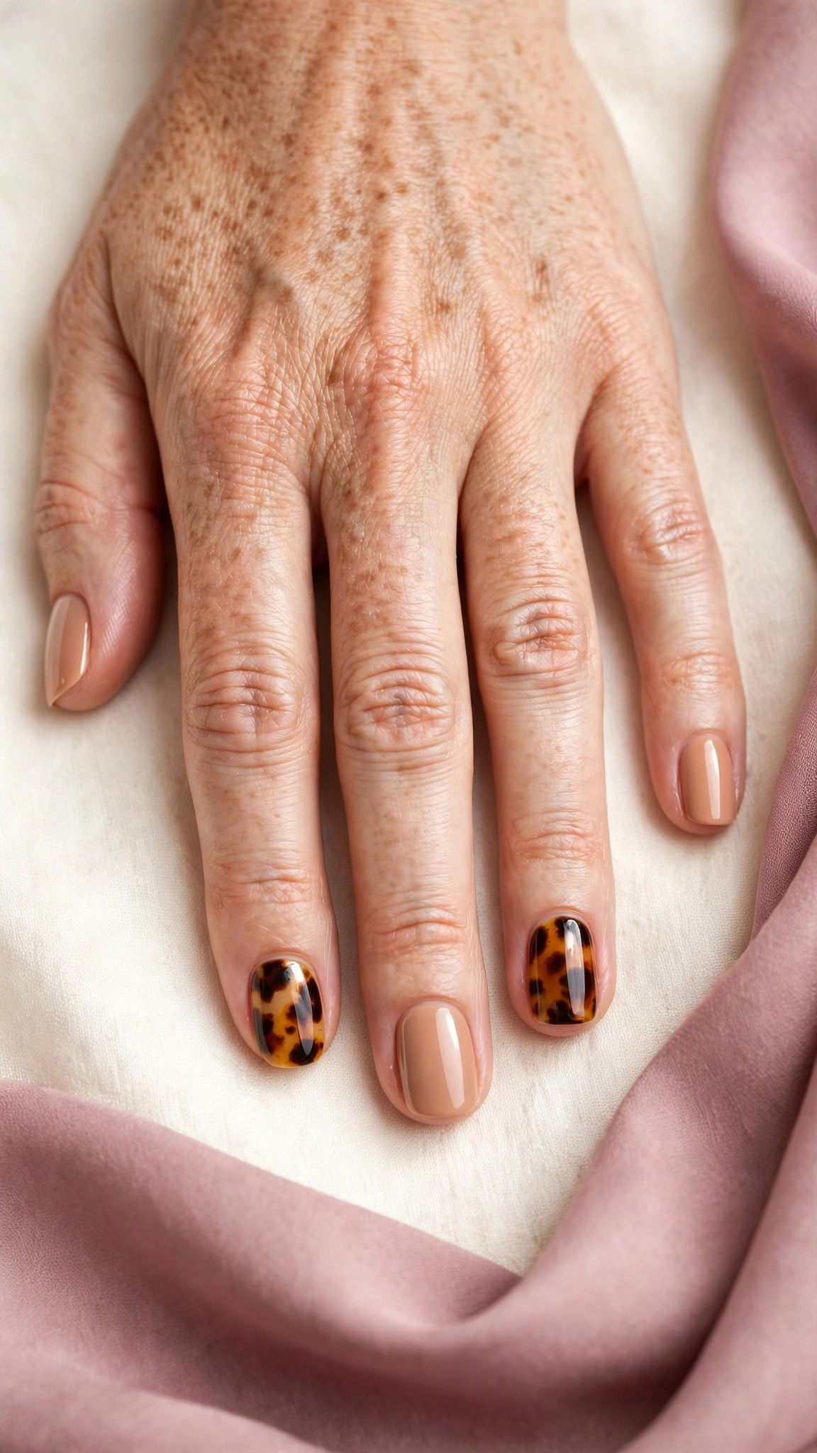 Tortoiseshell amber nail art on short accent nails