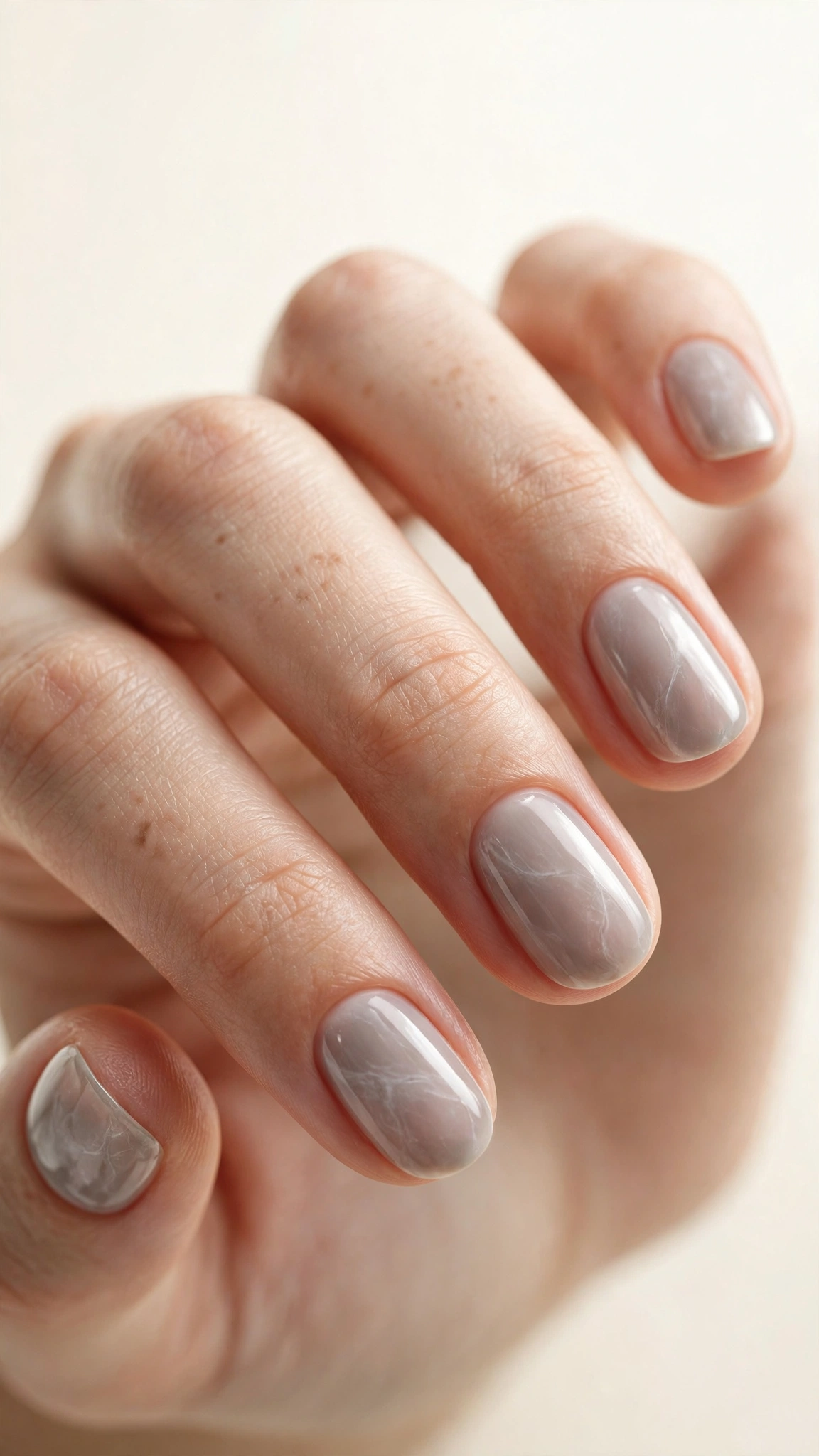 Subtle white marble veining on sheer grey short nails