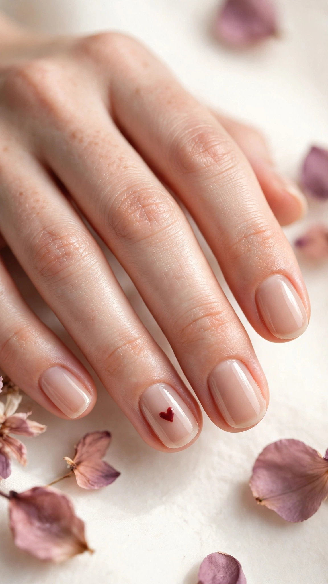 Tiny red heart accent nail art on nude short nails