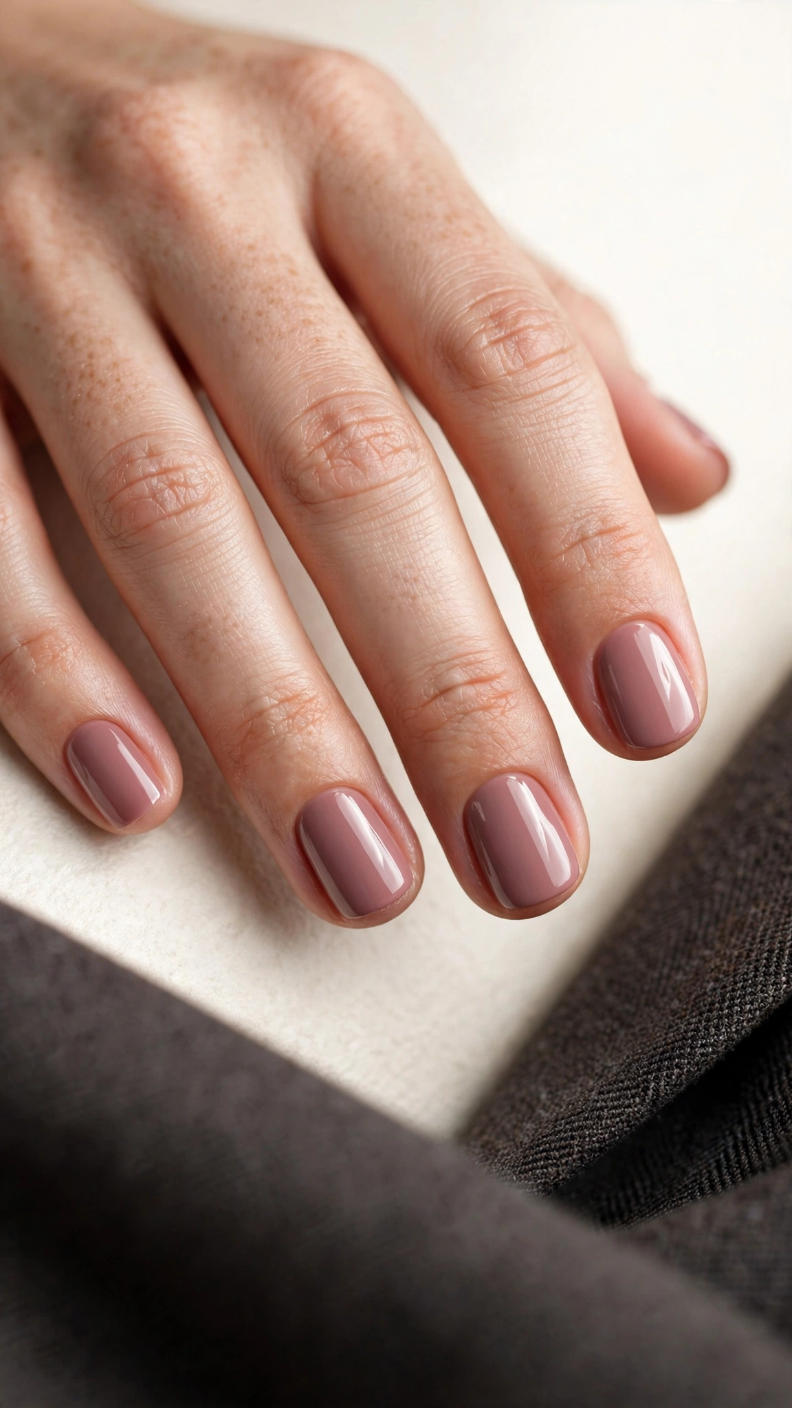 Muted dusty mauve creme manicure on short squoval nails