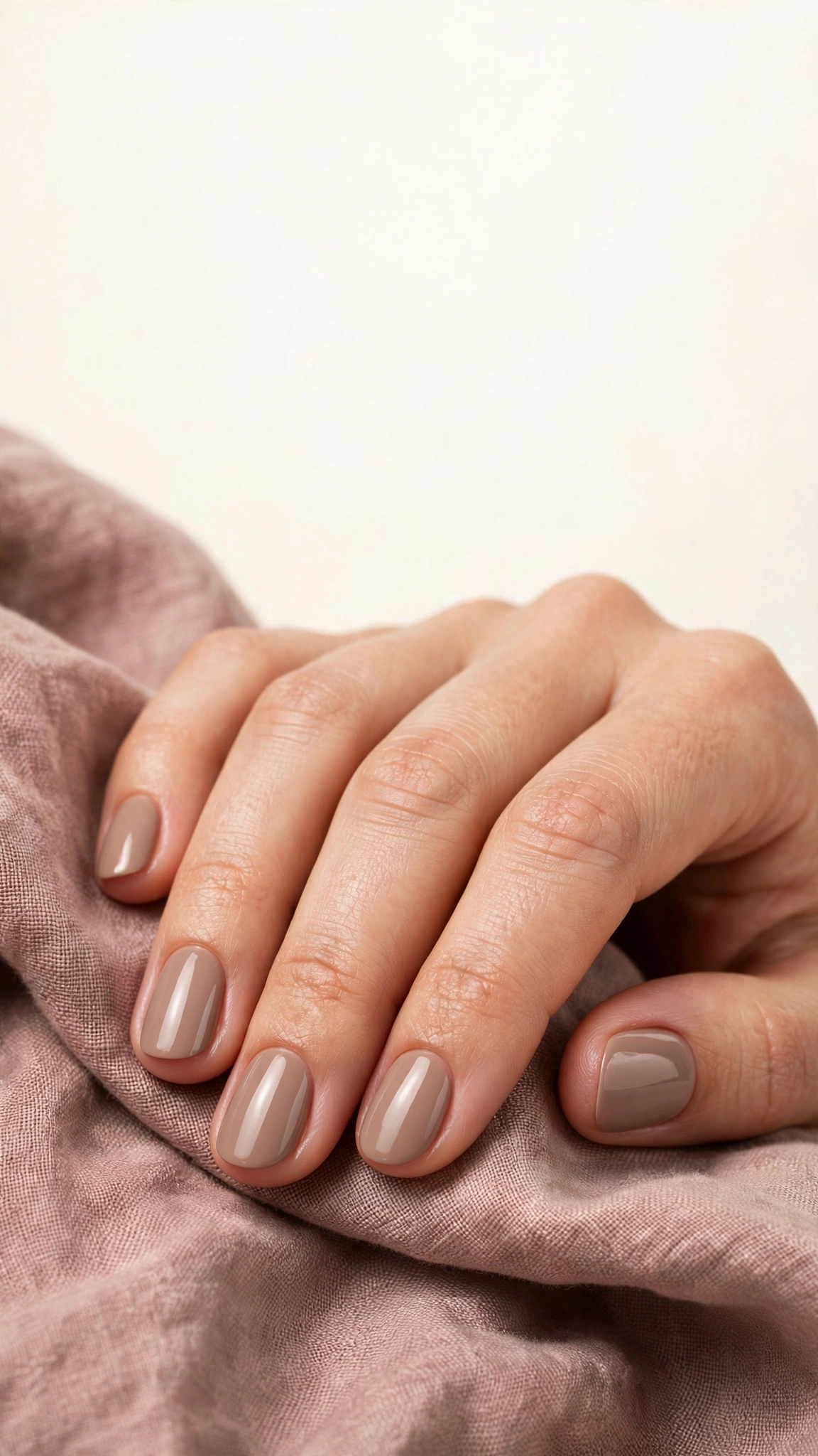 Soft warm taupe neutral polish on short oval nails