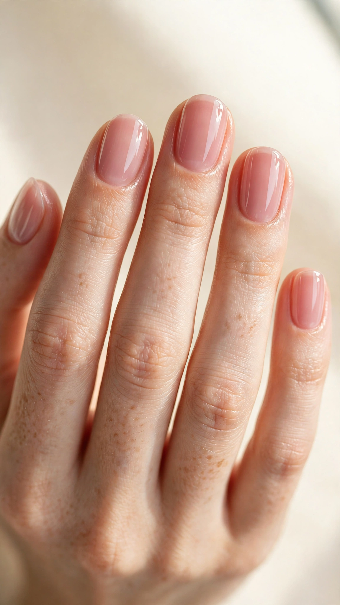 Sheer pink polish with glass-like high gloss on short nails