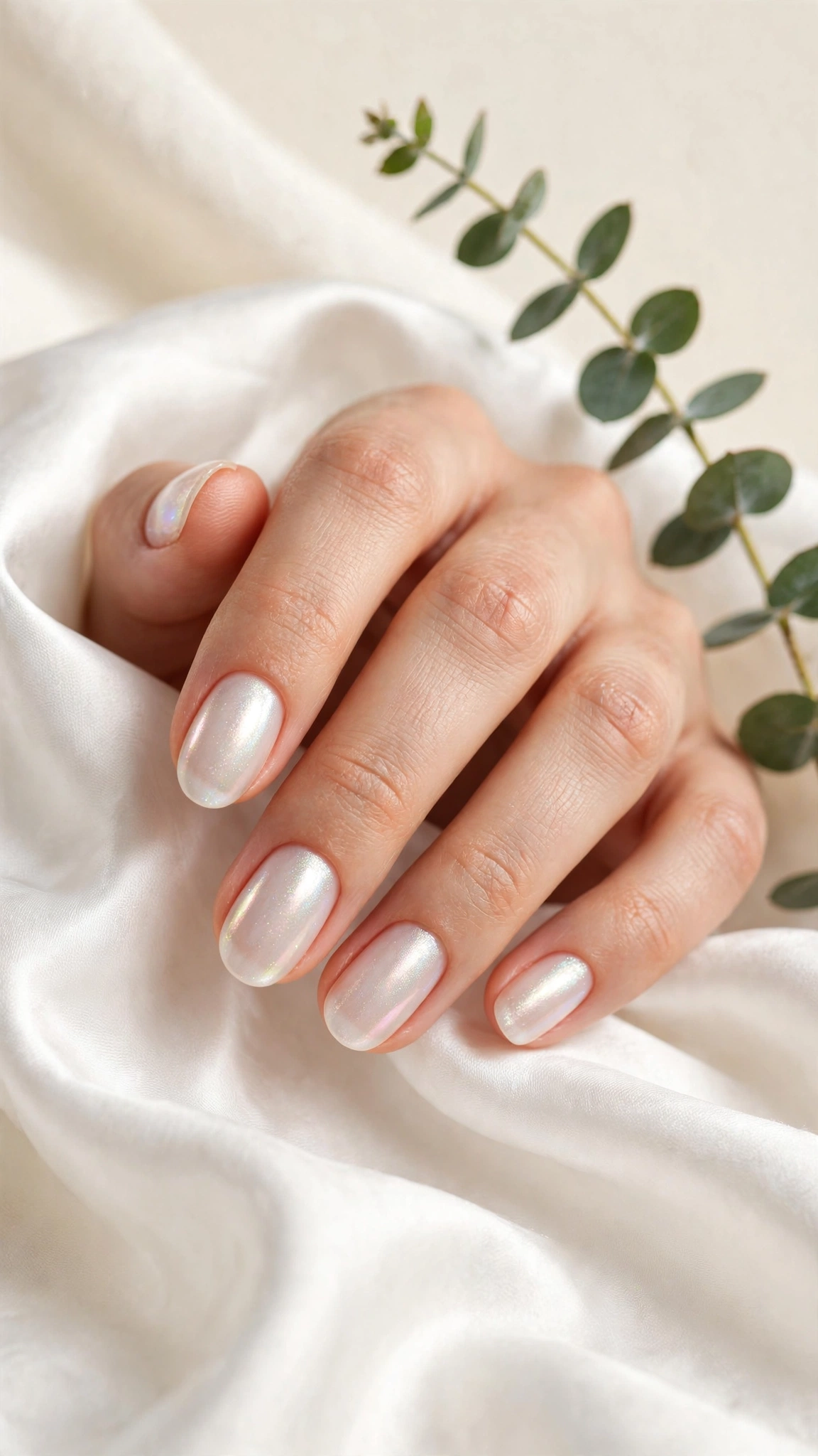 Iridescent pearl shimmer bridal manicure on short nails