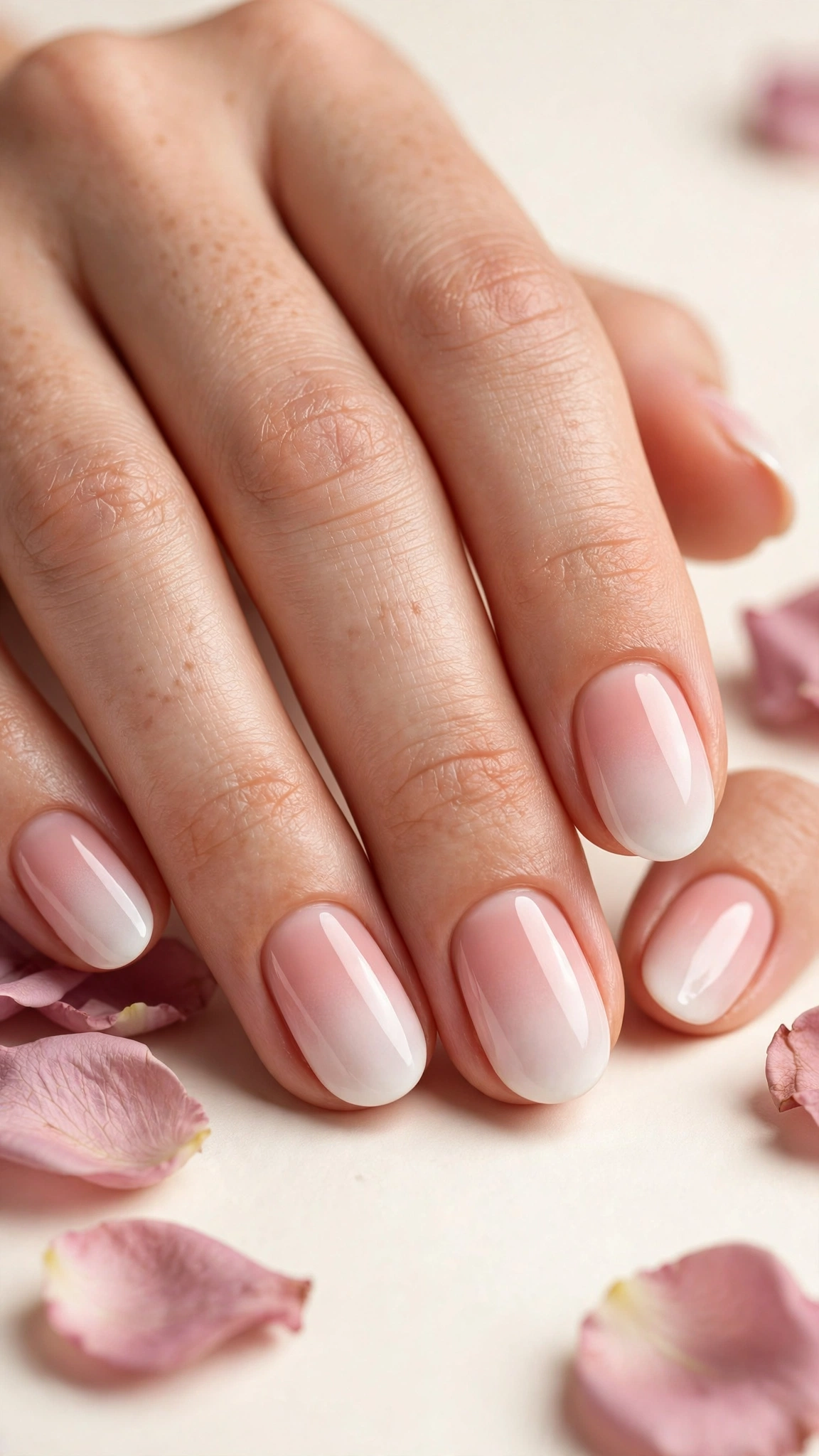 Blush pink to white ombre gradient on short nails