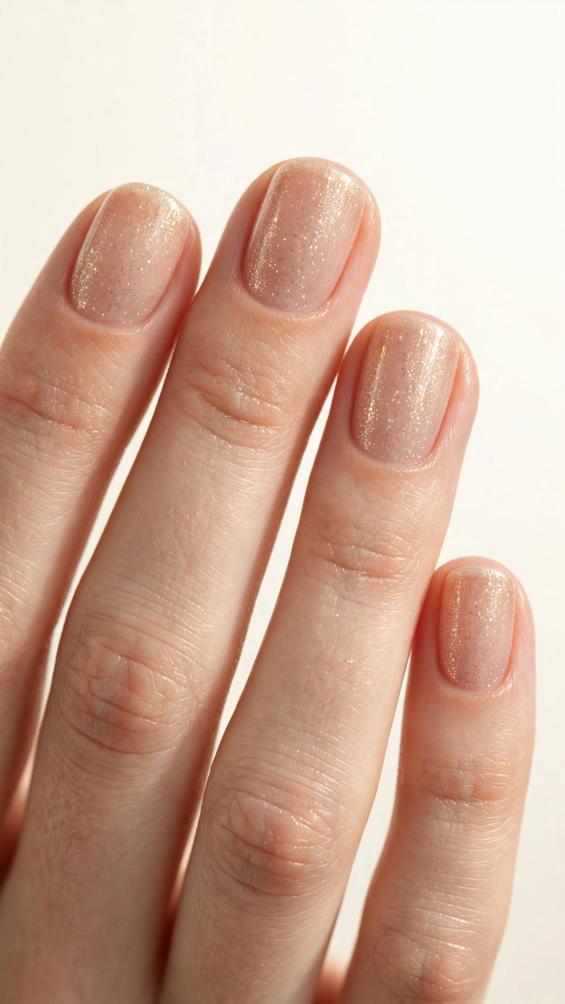 Golden champagne shimmer on sheer nude short nails