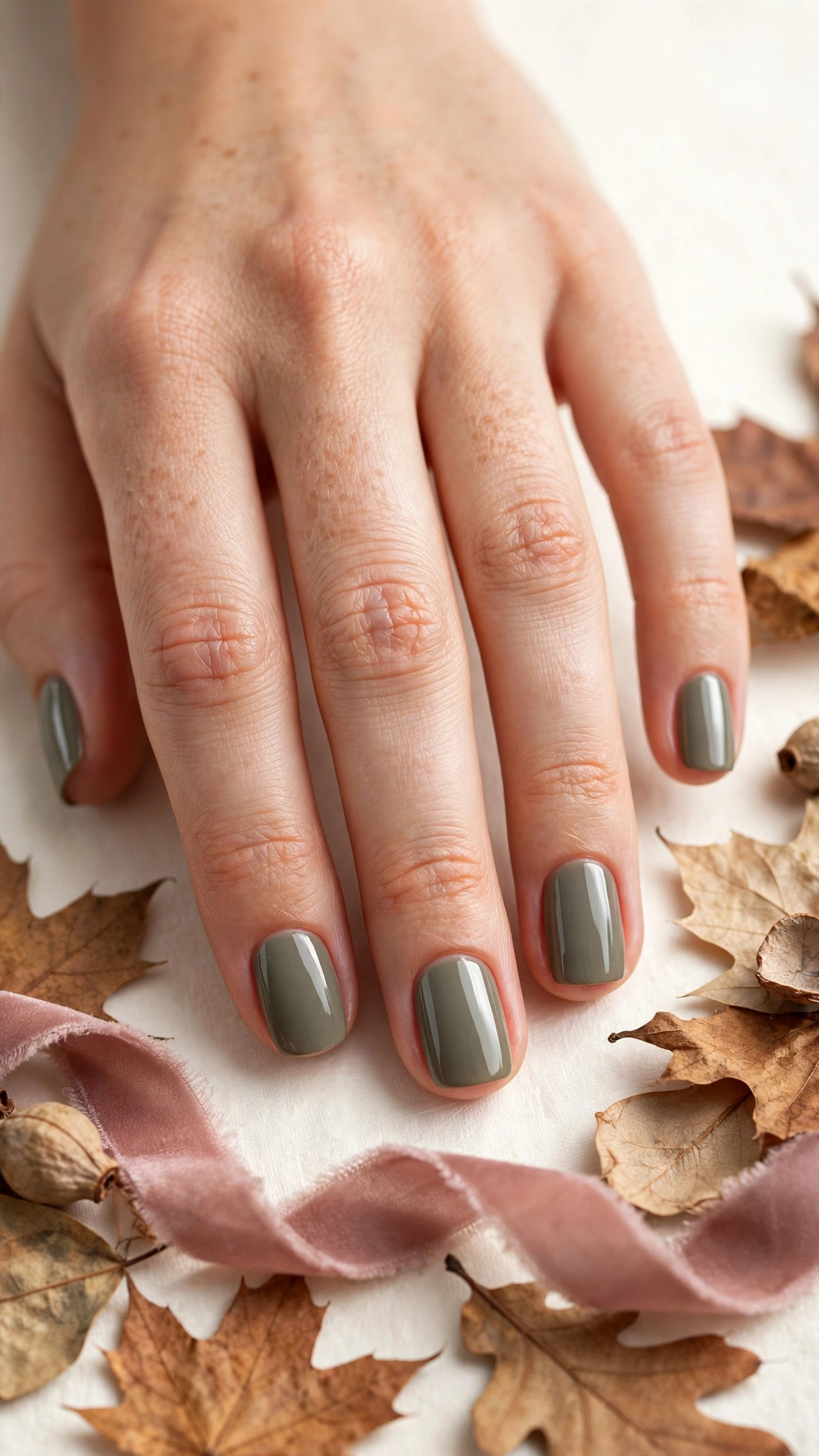 Muted olive green creme manicure on short squoval nails