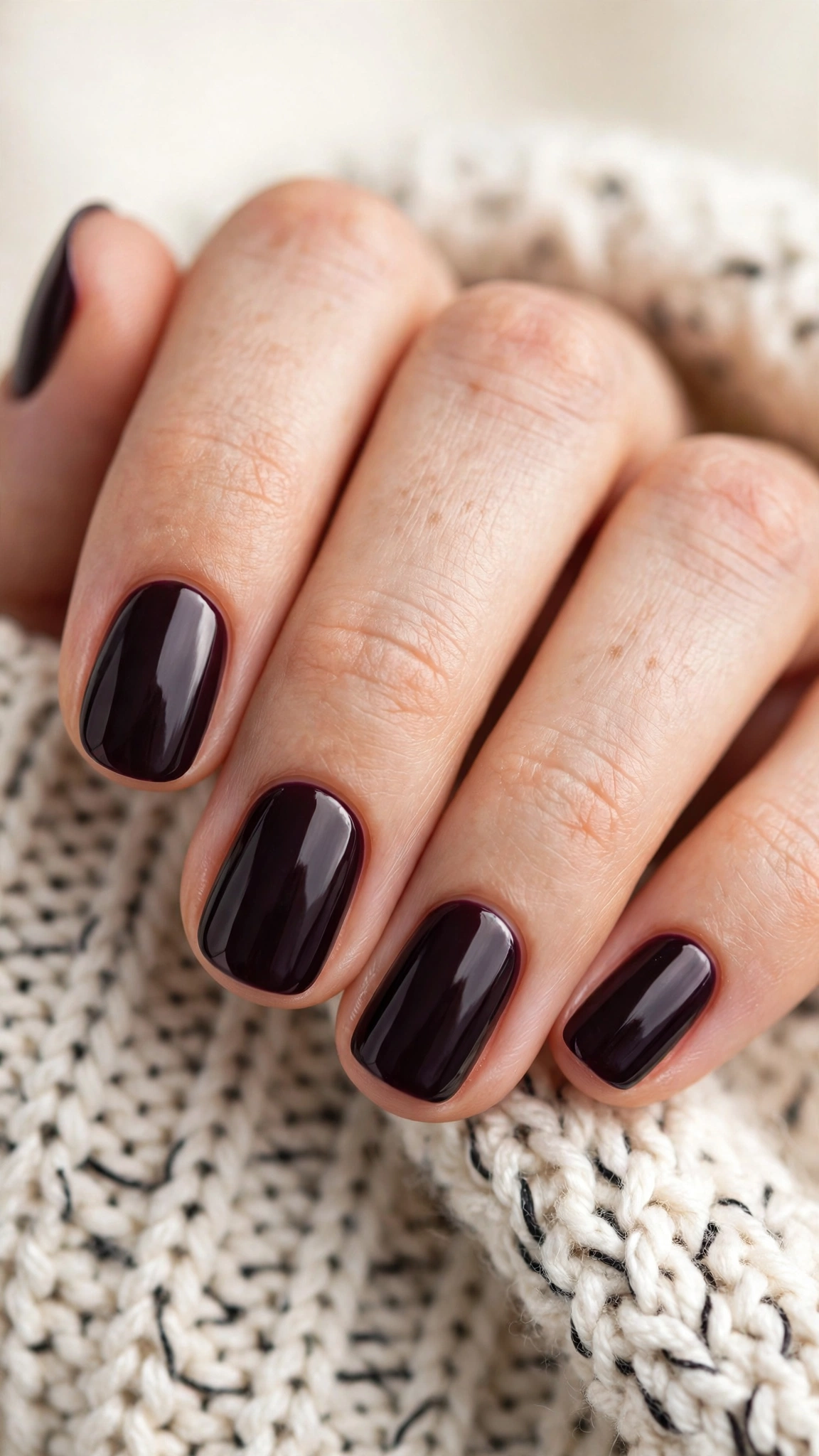 Deep dark plum glossy manicure on short rounded nails