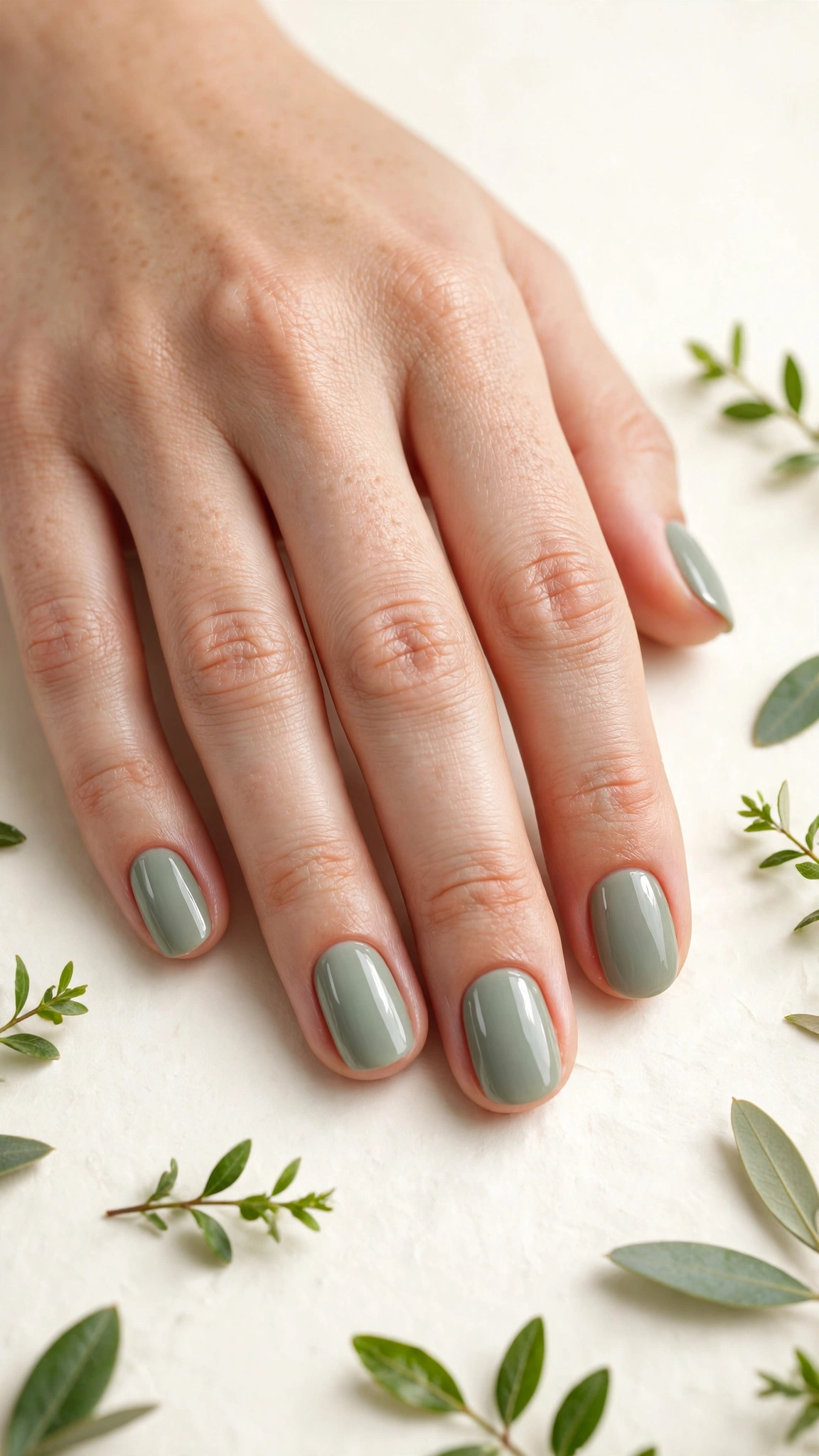 Soft sage green-grey creme polish on short oval nails