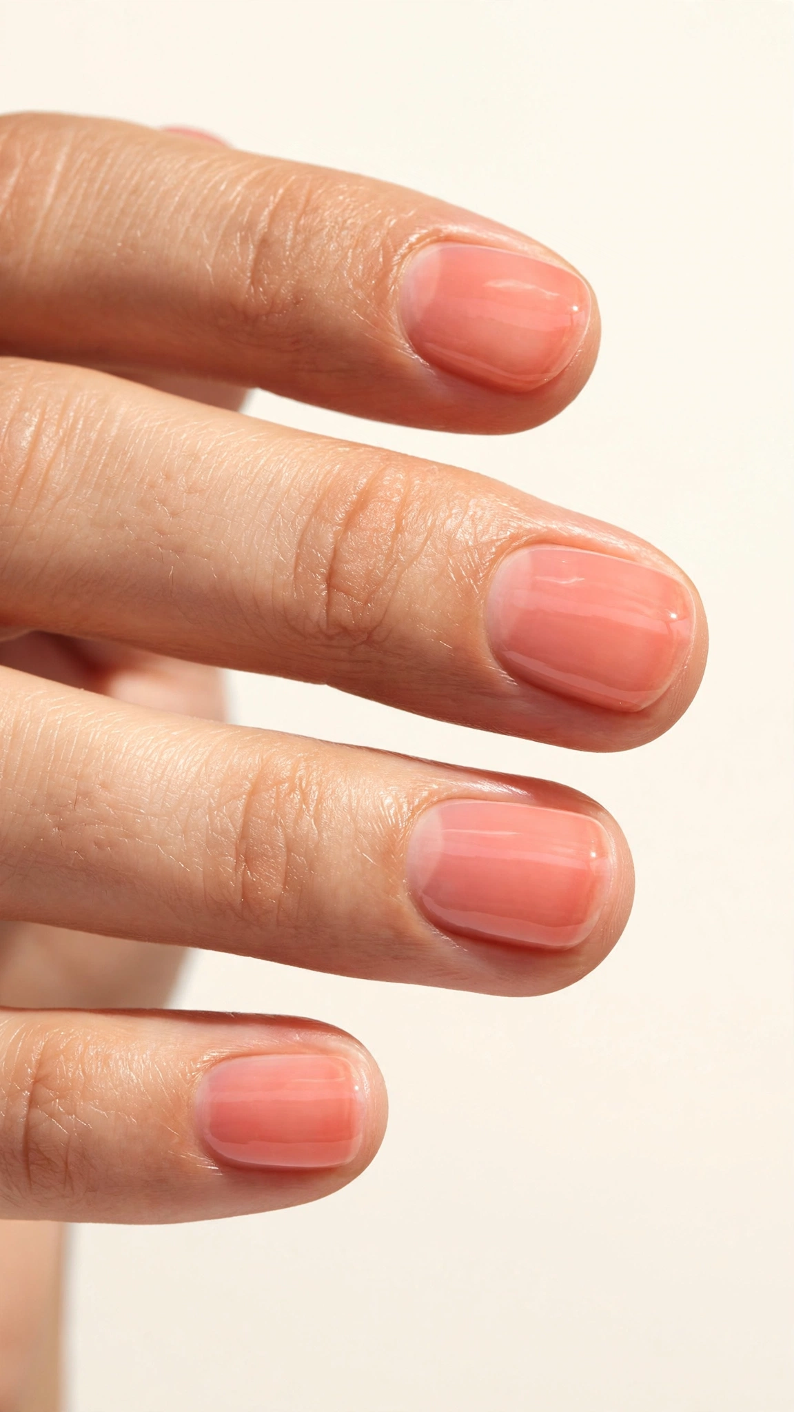 Sheer coral translucent wash manicure on short nails