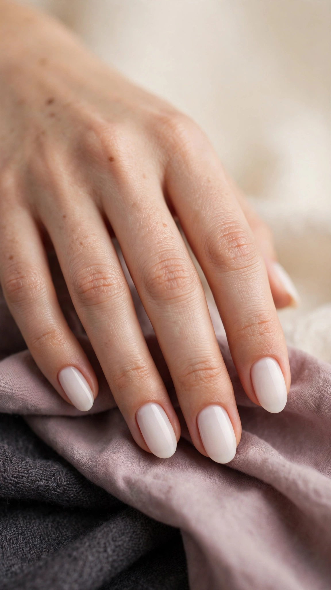 Milky white clean girl nails on short almond nails with a glossy finish