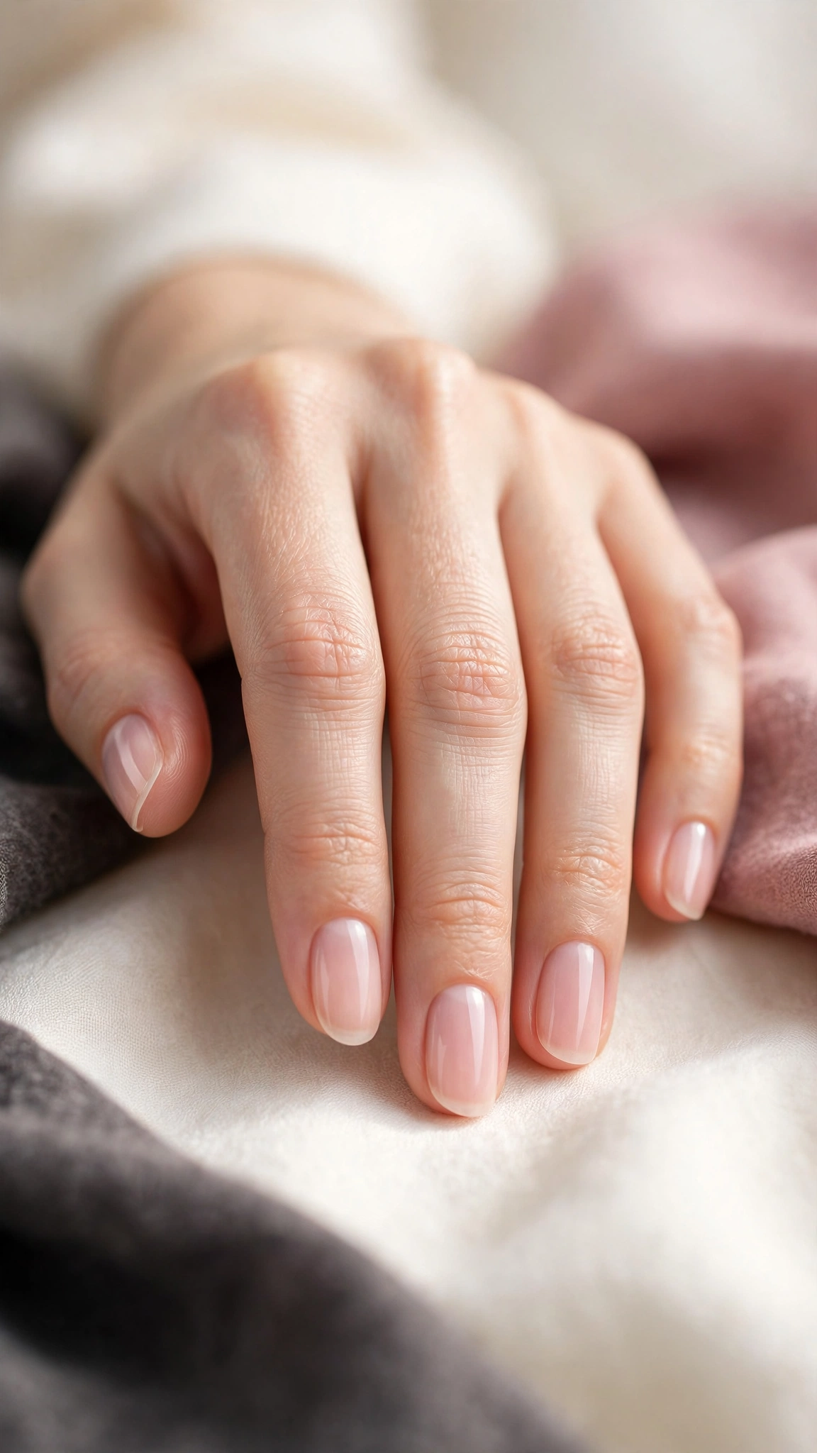 Sheer baby pink clean girl nails with a translucent glossy wash