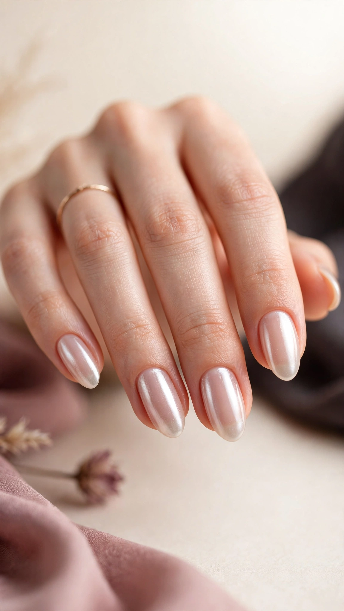 Glazed donut chrome clean girl nails with pearl shimmer over sheer nude