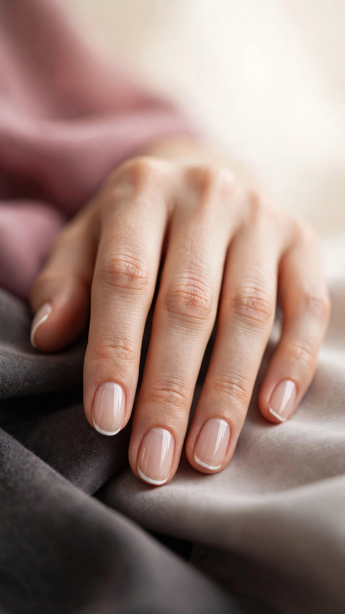 Micro French clean girl nails with hairline white tips on a sheer nude base
