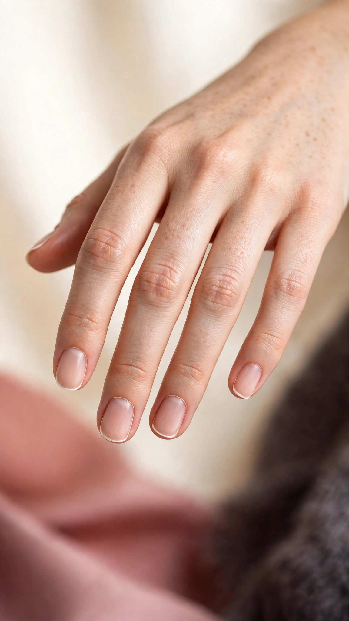 Naked French clean girl nails, bare natural nails with a crisp white free-edge line
