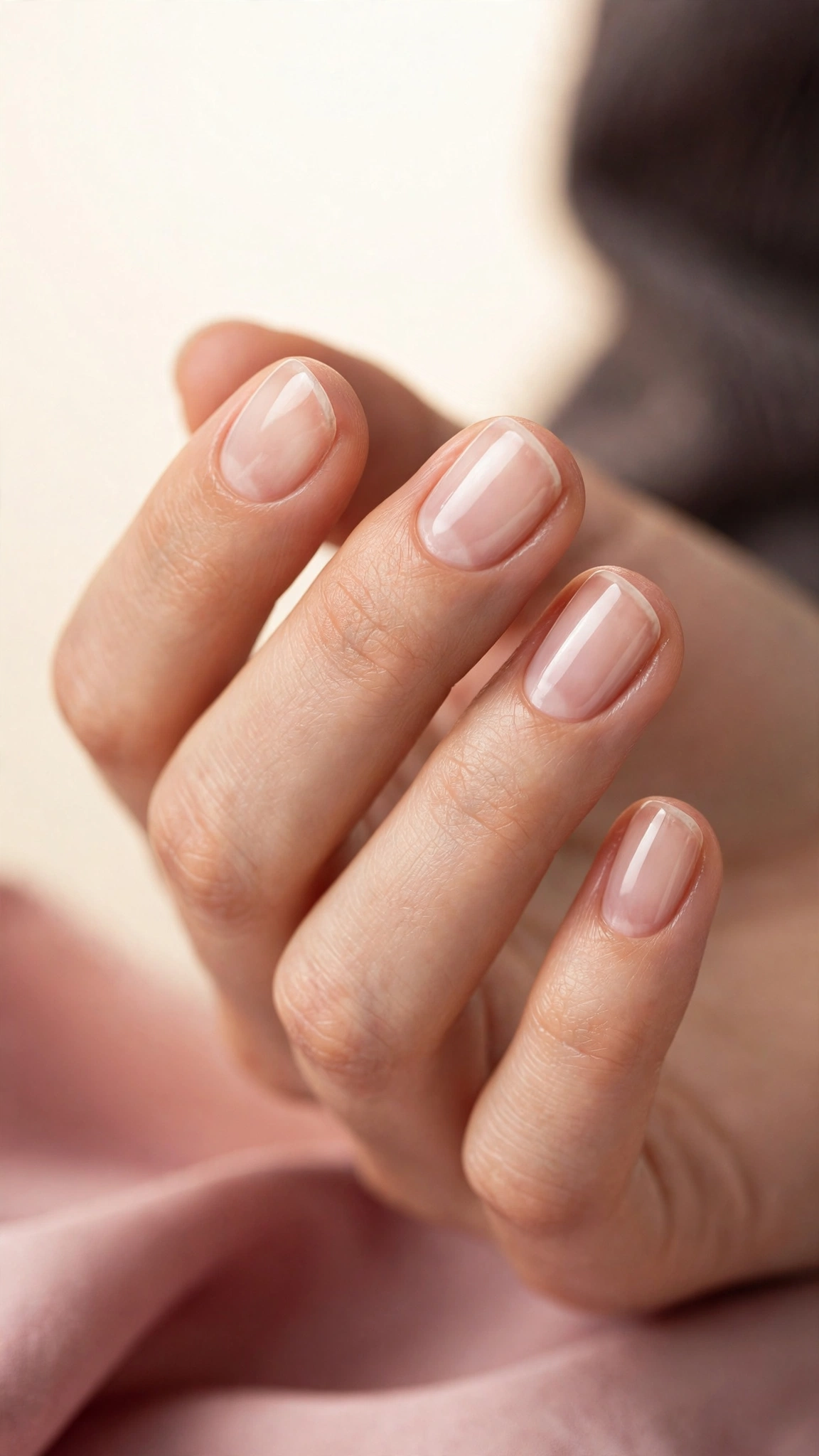 Lip-gloss clean girl nails with a clear vinyl high-shine finish