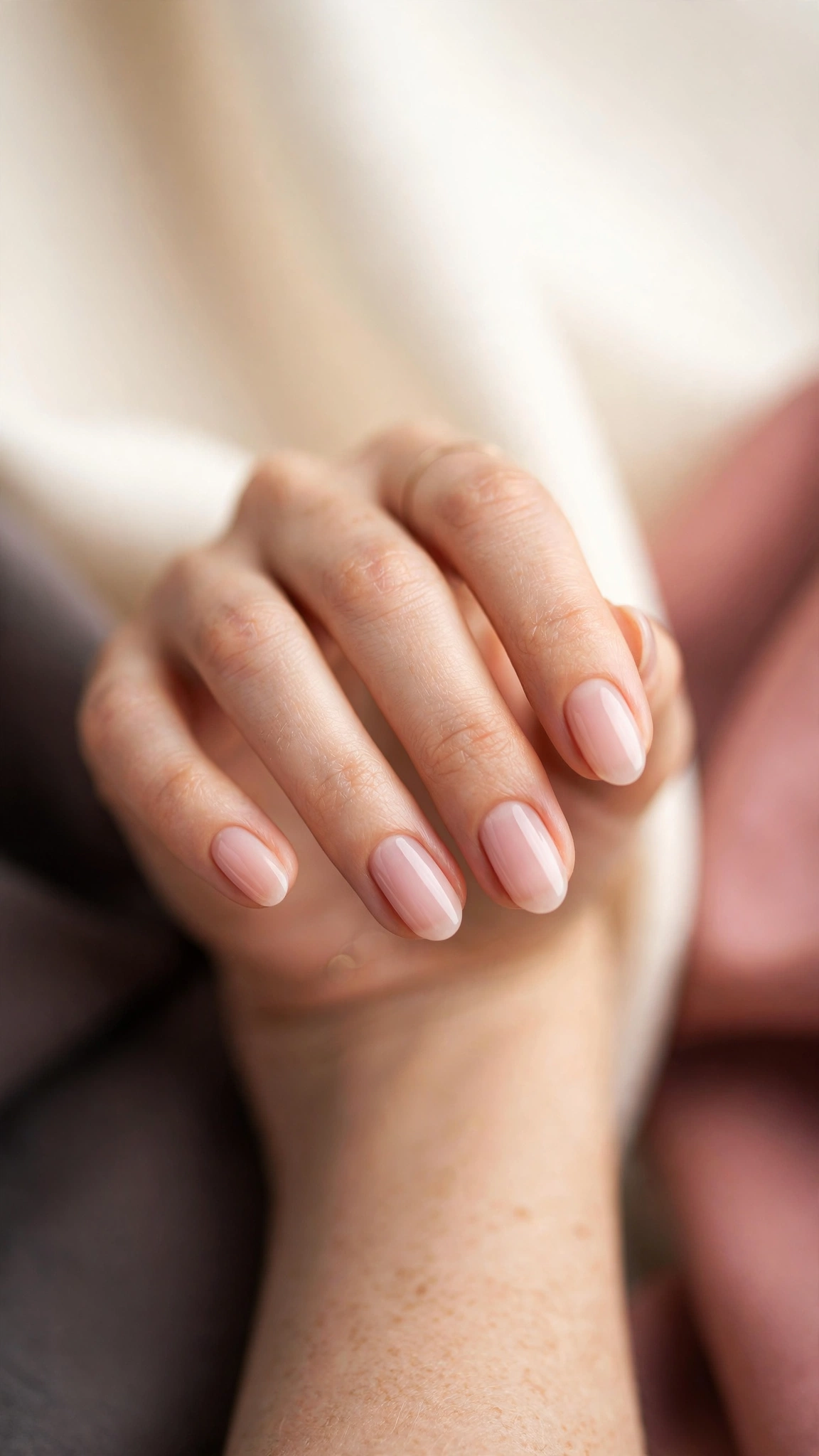 Short almond clean girl nails in sheer pink with a perfect tapered shape