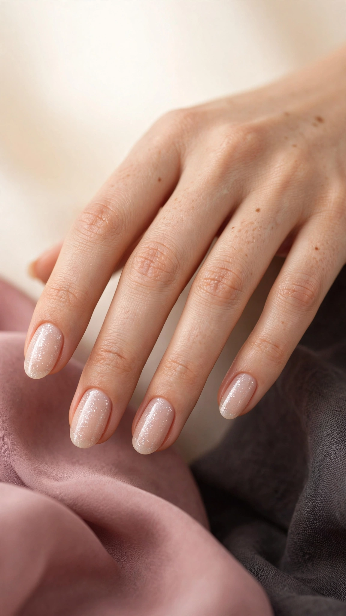 Clean girl nails with a subtle fine shimmer veil over a nude base