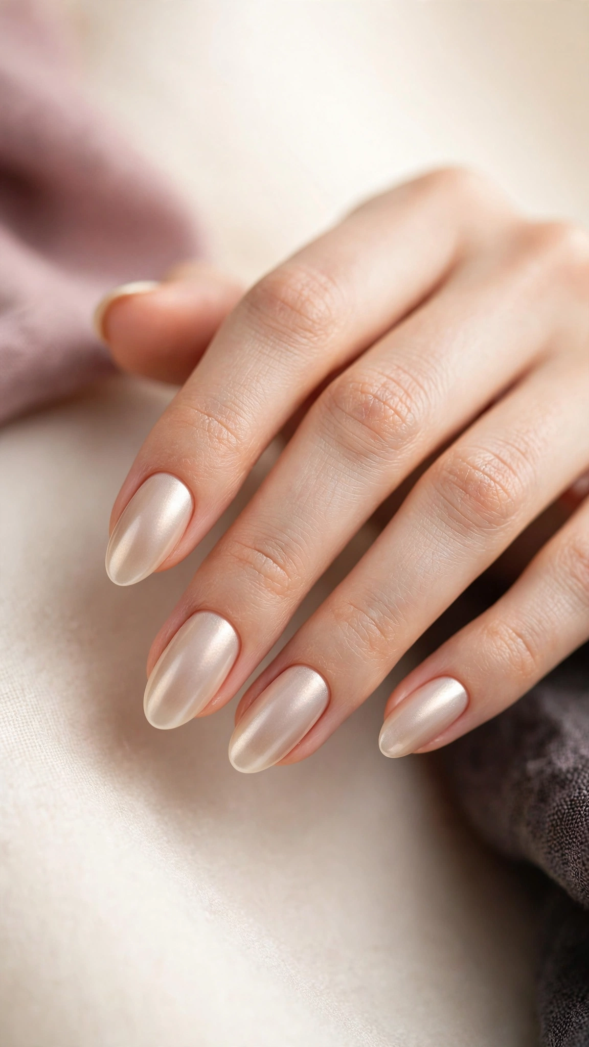 Vanilla chrome clean girl nails with a warm pearlescent glaze