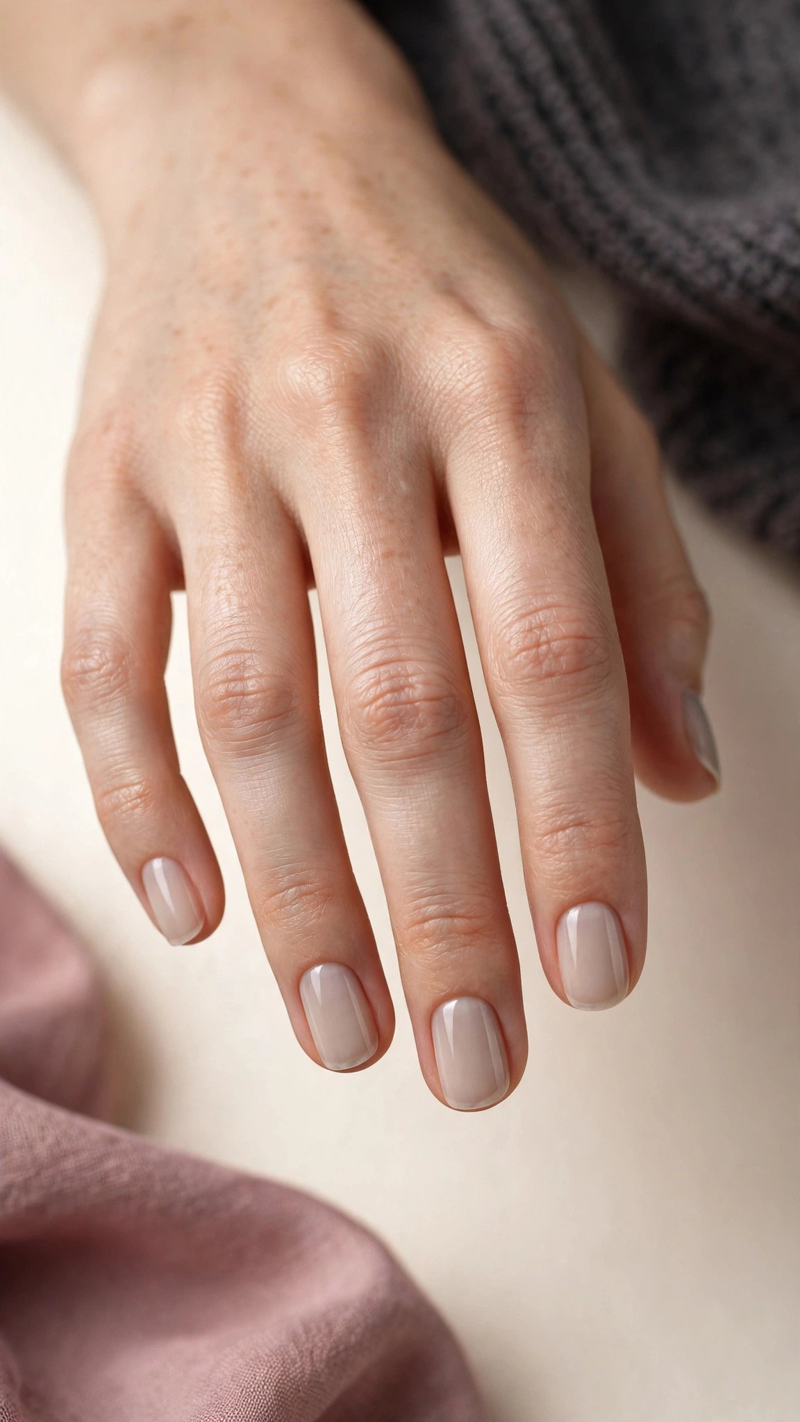 Barely-there beige clean girl nails in an ultra-neutral sheer greige