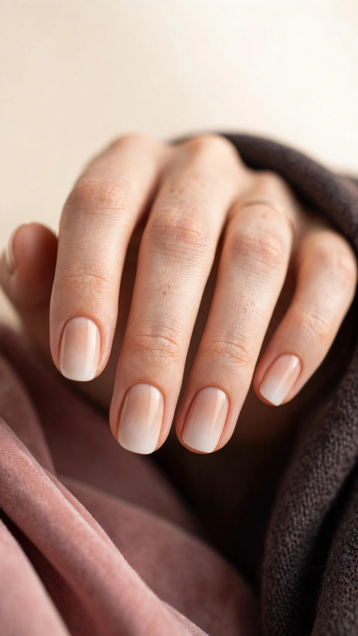 Glass French fade clean girl nails with soft white tips melting into nude