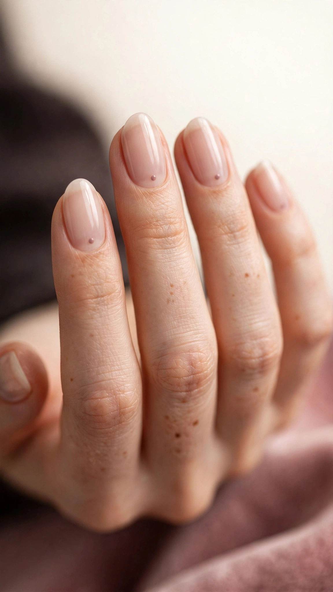 Minimal dot accent clean girl nails, single tiny dot near the cuticle on nude