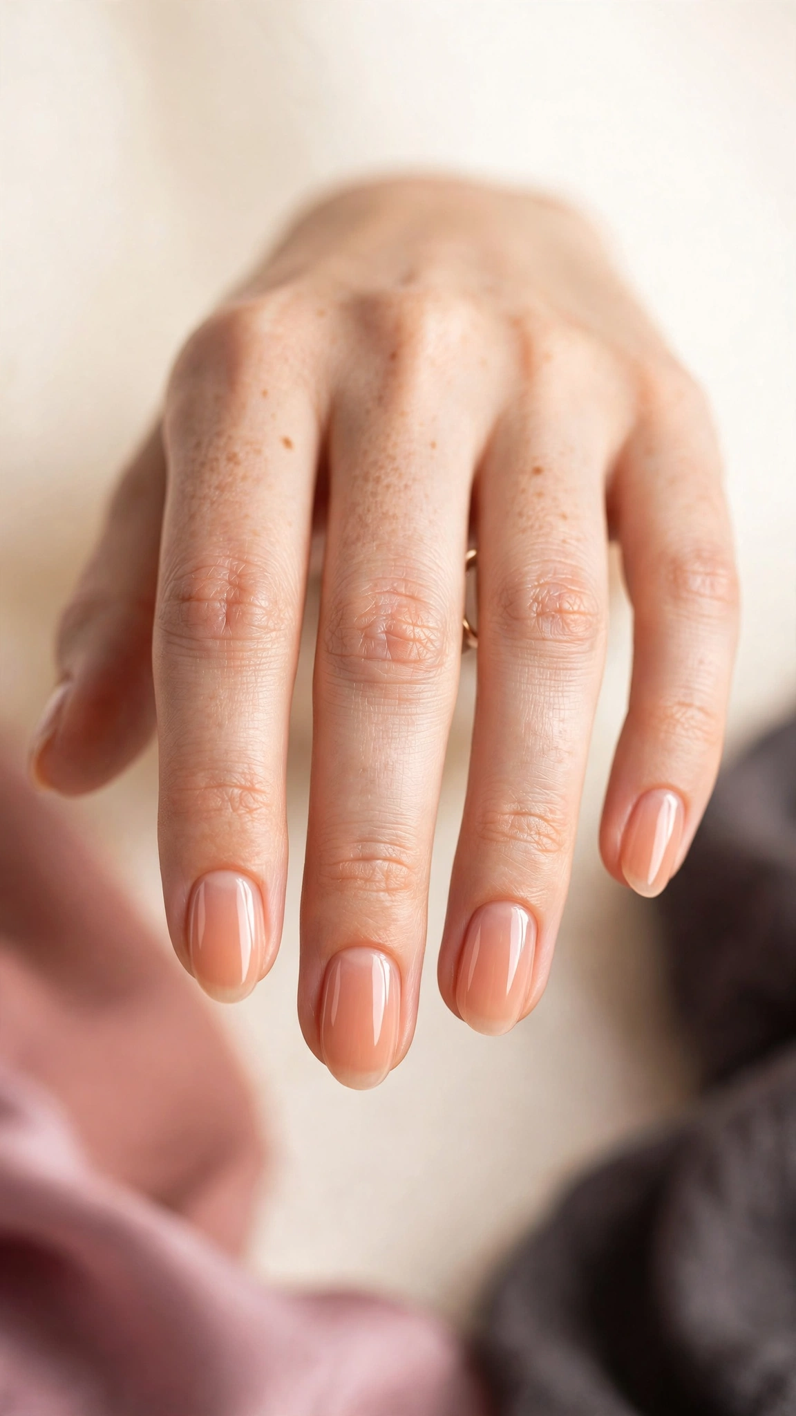 Sheer peach wash clean girl nails with a translucent warm peach tint