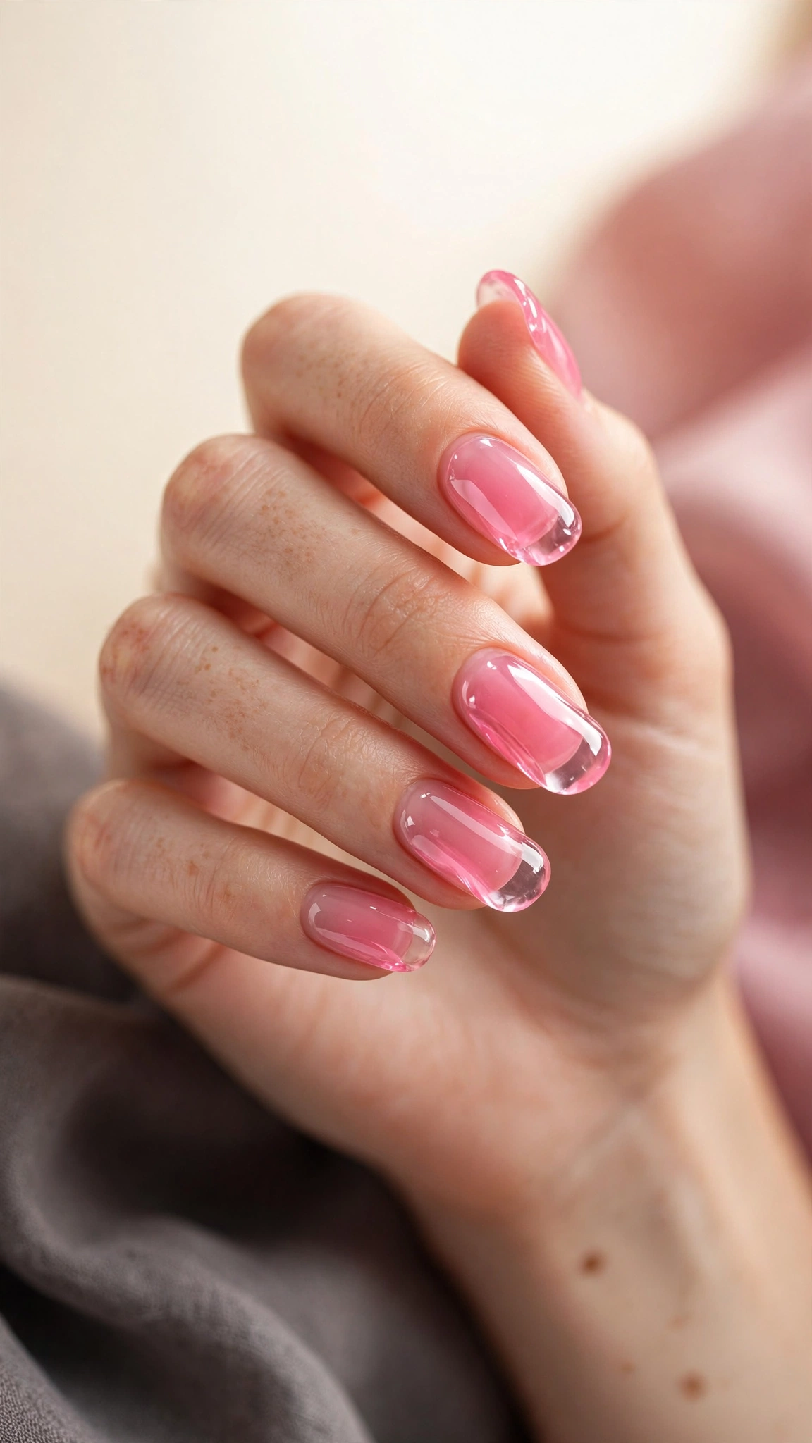 Pink jelly clean girl nails, translucent candy-pink