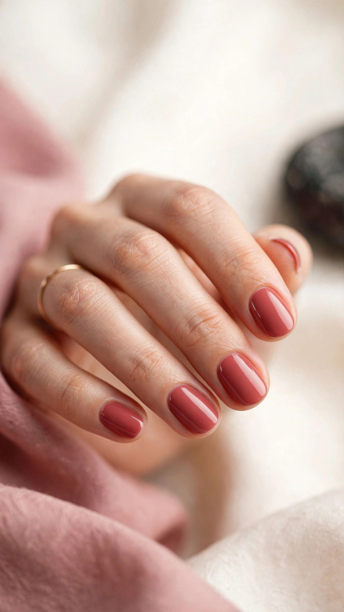 Muted rose red clean girl nails, soft quiet red