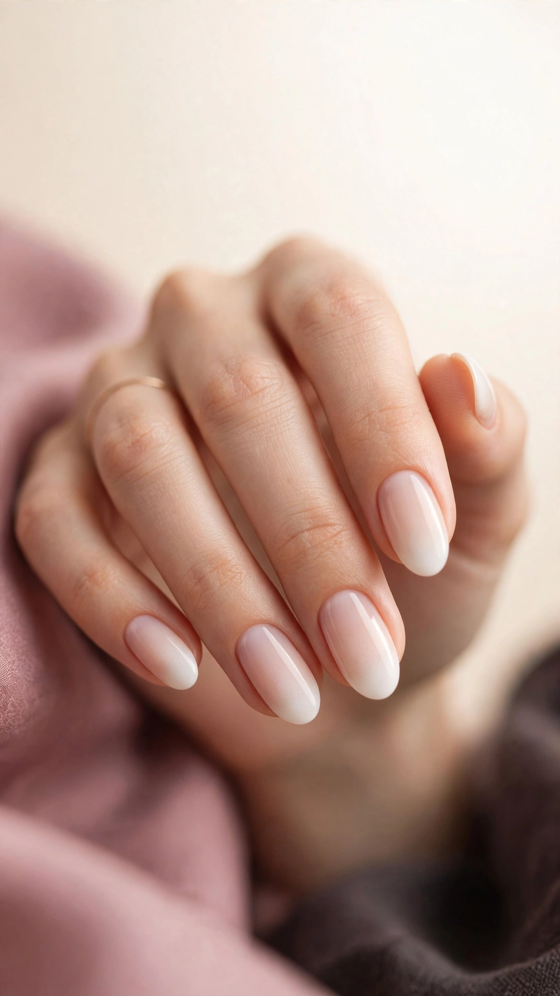 Soft French ombré clean girl nails with white fading gently into nude
