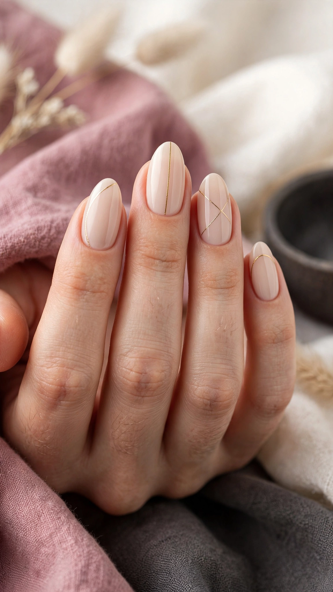 Dise&ntilde;o de u&ntilde;as con l&iacute;nea dorada fina sobre base nude